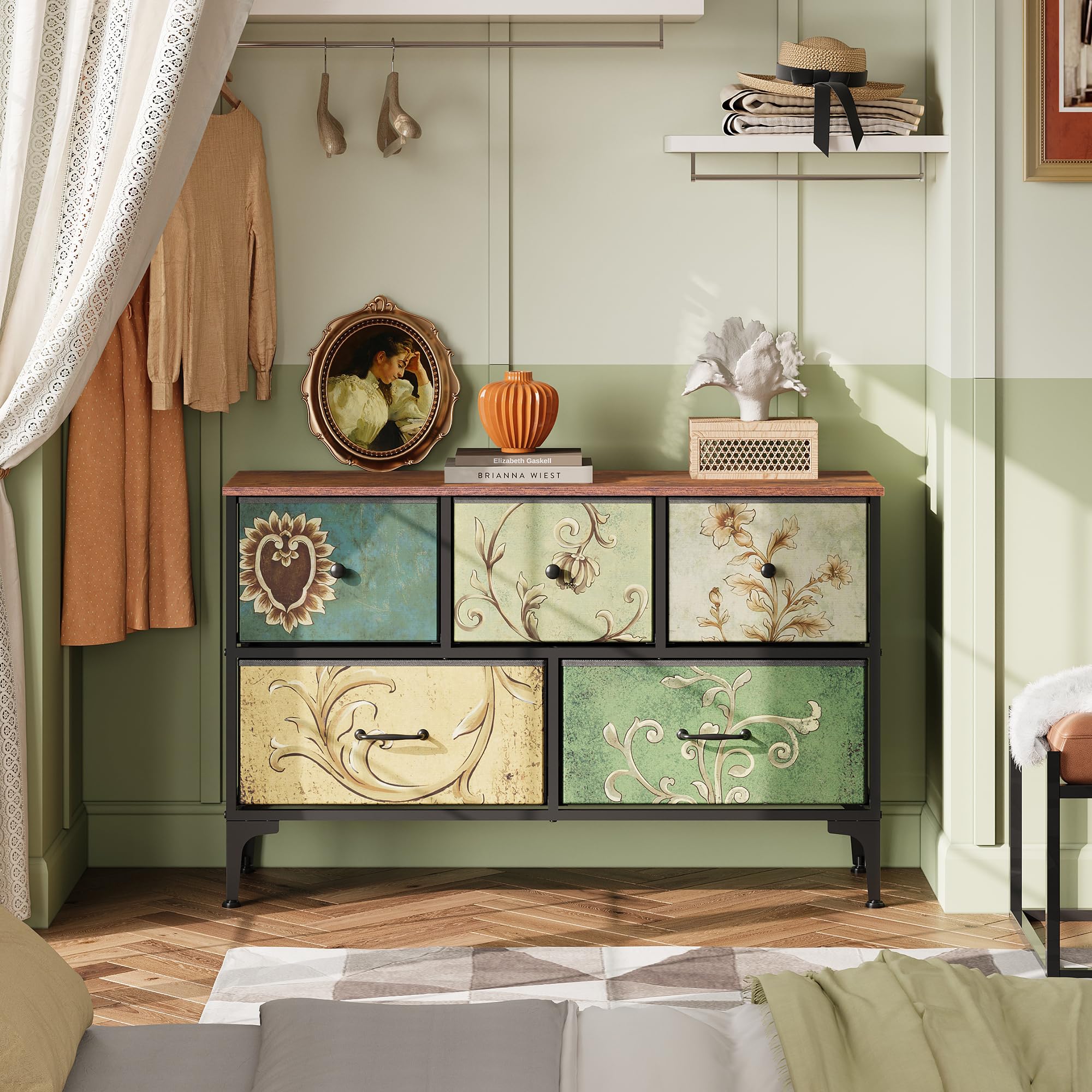 WLIVE Comò con 5 cassetti Boemia datoeletta con pannello in legno, cassetti intessuto, struttura in metallo, comò a torre,organizzatore per soggiorno, camera da letto,corridoio