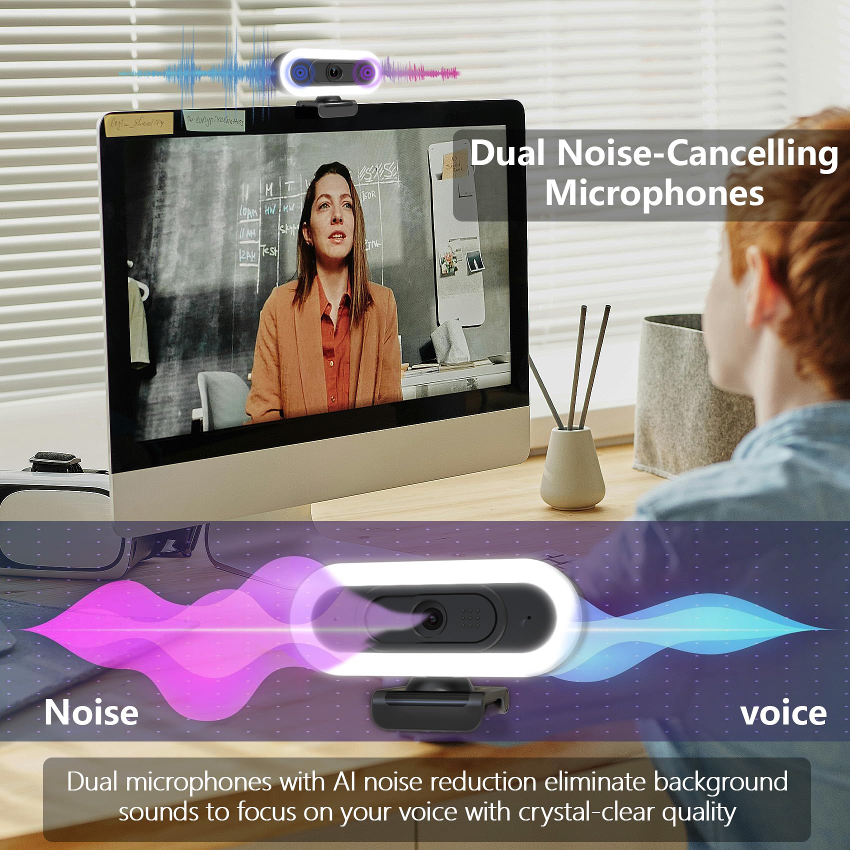 Webcam 2K per PC, webcam LED RGB con microfono e luce, autofocus, treppiede girevole e copertura per la privacy per streaming live, videochiamate, giochi, funziona con zoom, Skype, YouTube, team