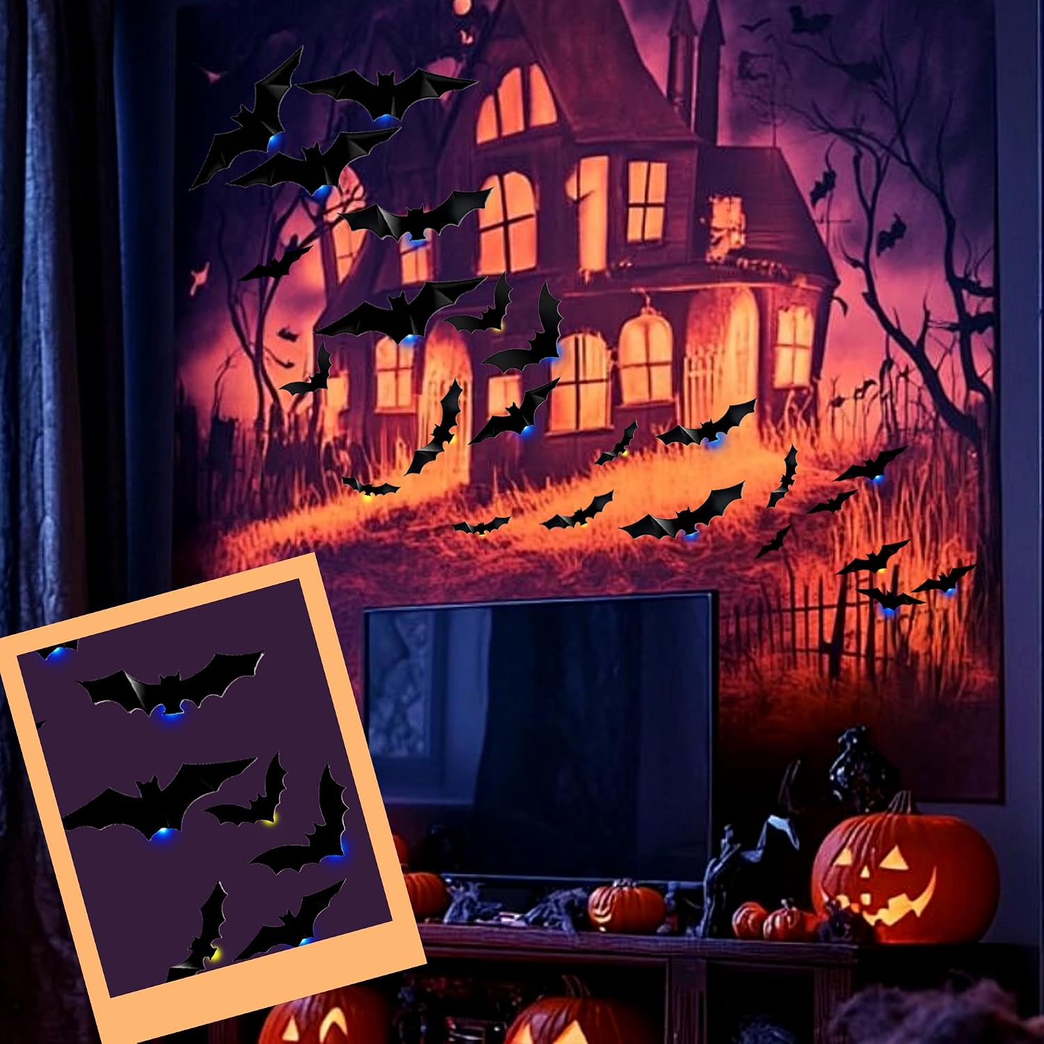 Halloween 3D Lighted Bats, 2025 New 3D Bat Design LED Decoration, LED Glowing Bat Wall Stickers Decor Light, Hanging Bat Decorations for Indoor Outdoor Windows Bedrooms (24 PCS)