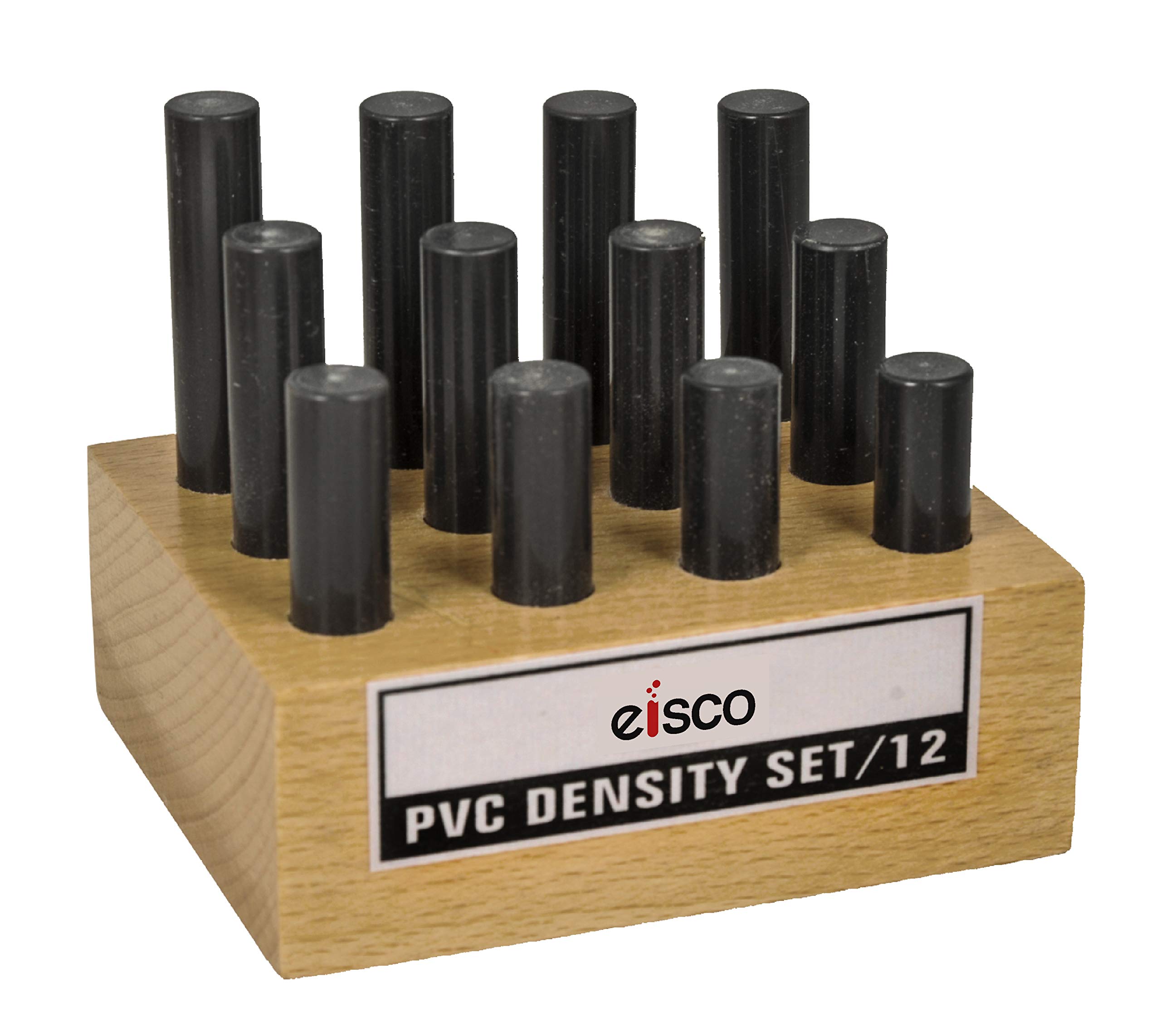 EISCO 12pc Cylindrical Bars Density Set, PVC - Various Lengths - Includes Wooden Storage Block - for Studying Density & Mass