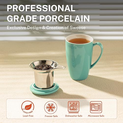 Miniatura 3 de Sweese Taza de té de porcelana de 15 onzas con infusor y tapa, apta para microondas, mango ergonómico, esmalte sin plomo, para té de hojas sueltas,
