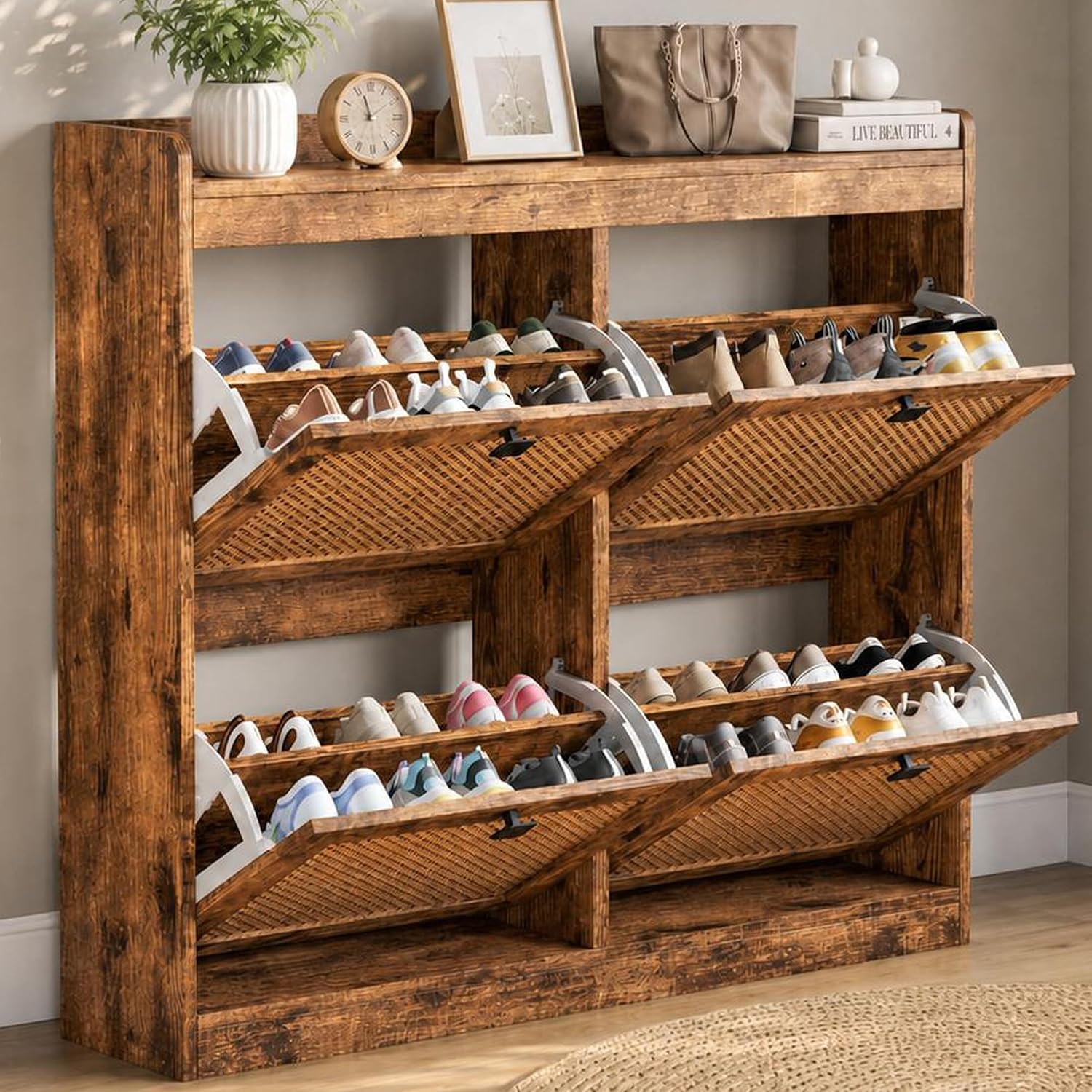 Garvee_SC Garvee Shoe Storage Cabinet with 4 Flip Drawers, Wood Shoe Cabinet with Rattan Doors and Adjustable Shelves- Freestanding Shoe Organizer for Entryway, Hallway