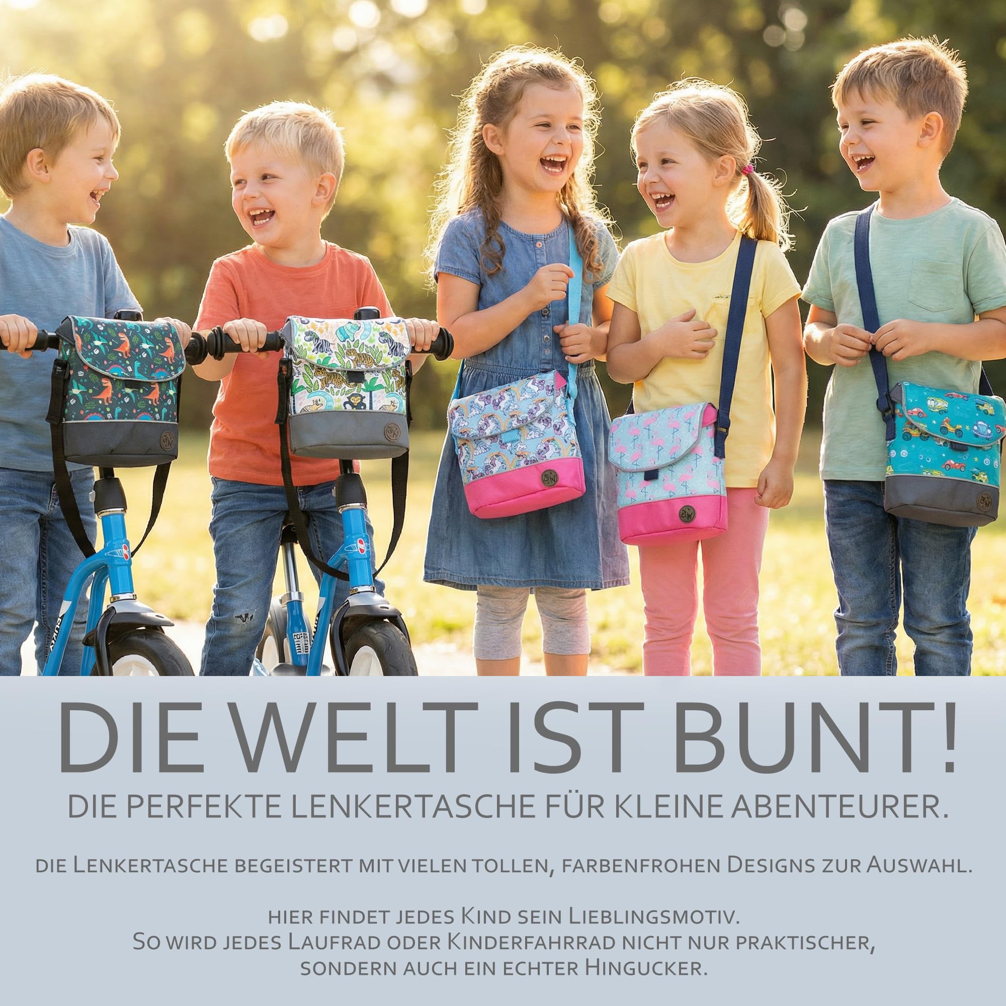 BAMBINIWELT Kinder Lenkertasche – Fahrradtasche für Kinder, Laufradtasche & Lenkerkorb mit Schultergurt – kompatibel mit Puky, Woom & Roller – wasserabweisend & robust, Farbe: Modell 25