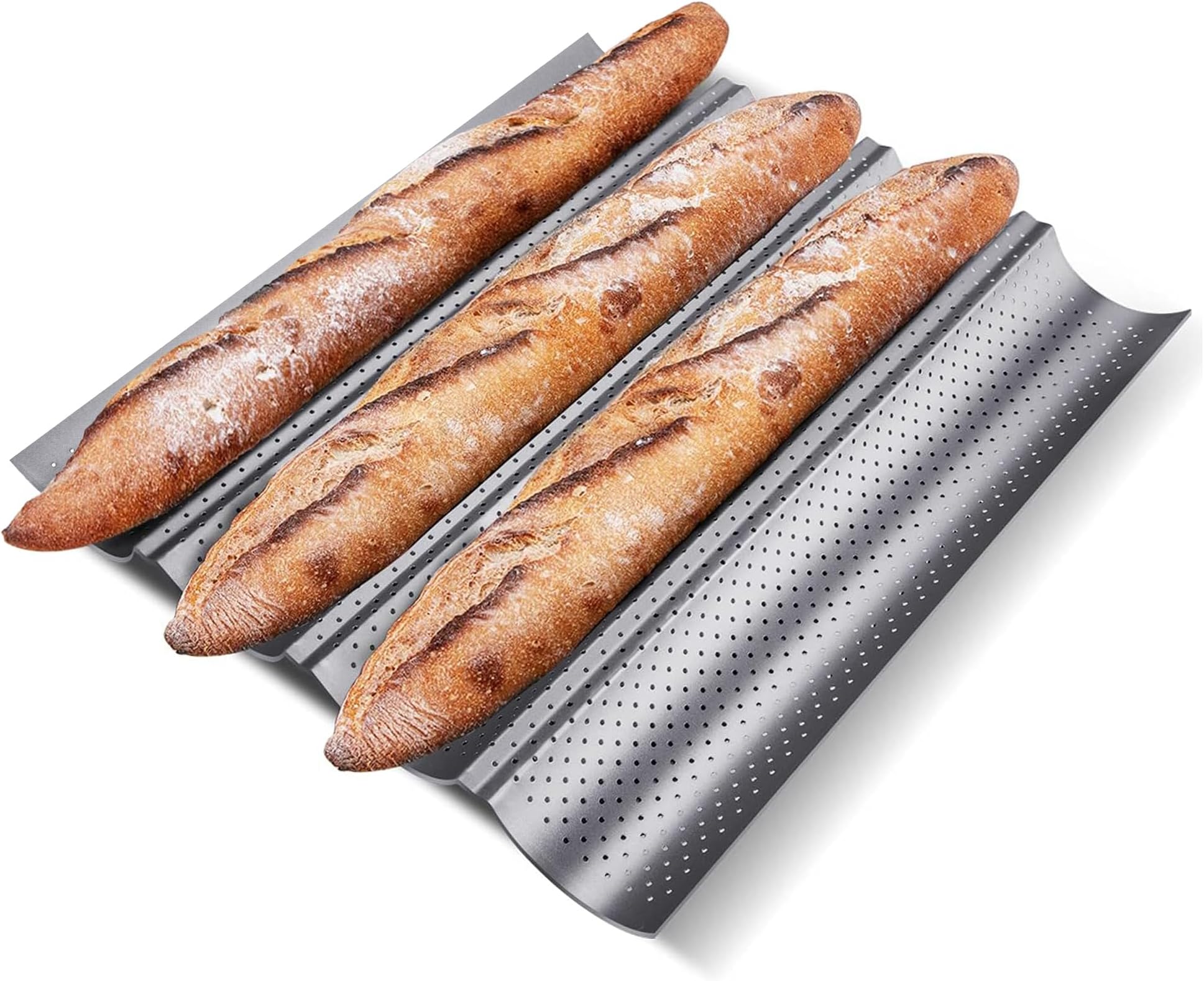KITESSENSU Nonstick Baguette Pans for French Bread Baking, Perforated 4 Loaves Baguettes Bakery Tray, 15" x 13", Silver