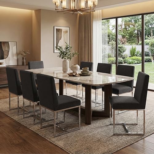 Miniatura 11 de CIMOTA Juego de 4 sillas de comedor modernas de lino, sillas de comedor de mediados de siglo, sillas laterales tapizadas de tela sin brazos con base