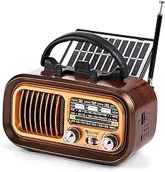 Rádio Retrô Portátil Vintage Bluetooth Multifuncional com Painel Solar Rádio FM AM SW 3 bandas Estilo Clássico Antigo Reprodutor USB TF 5 W Radio Retro Pilha para Casa Viagem