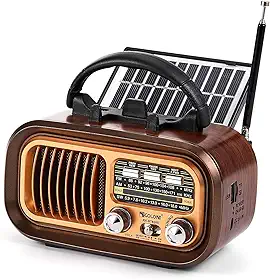 Rádio Retrô Portátil Vintage Bluetooth Multifuncional com Painel Solar Rádio FM AM SW 3 bandas Estilo Clássico Antigo Reprodutor USB TF 5 W Radio Retro Pilha para Casa Viagem