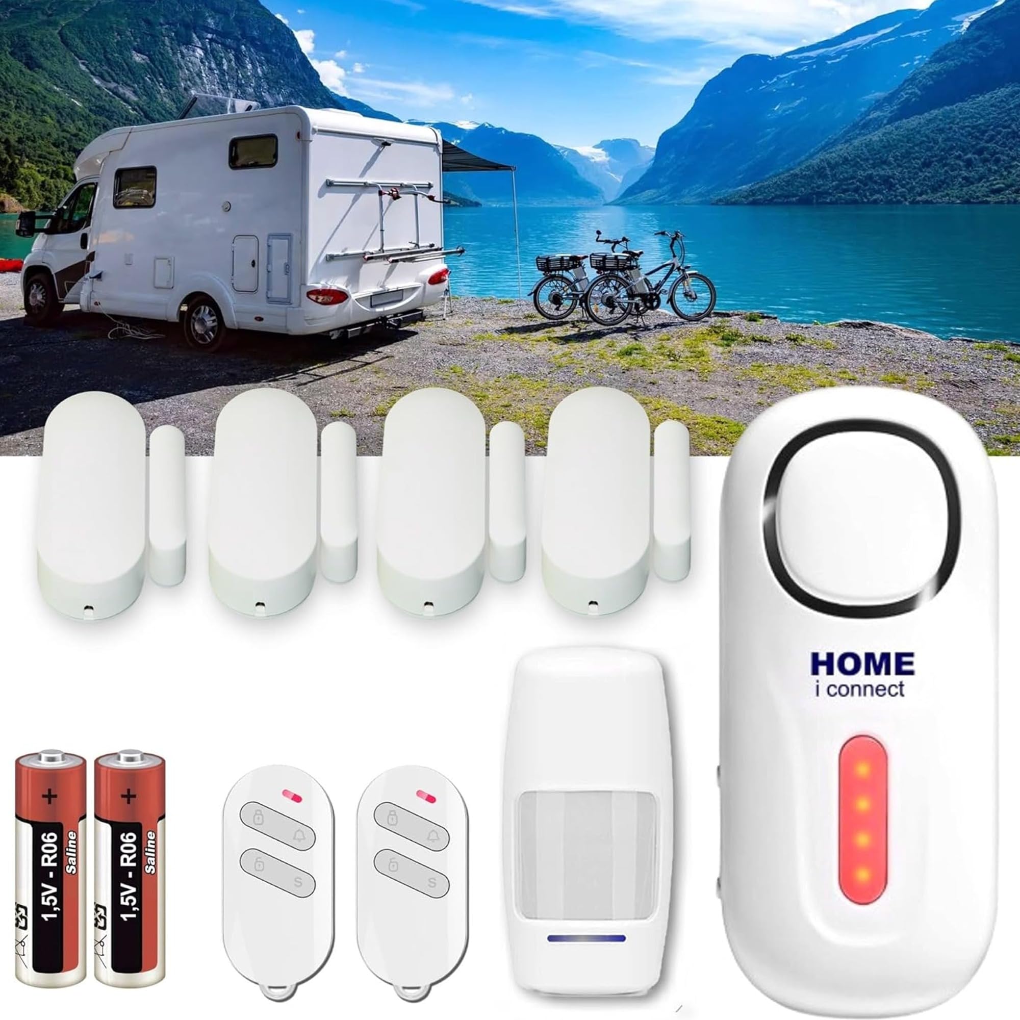 Nouveau - Alarme de Camping Car - 100% Autonome - Alimentation par Piles - Sirène Puissante avec 4 détecteurs d'ouverture et 1 Détecteur de Mouvement.