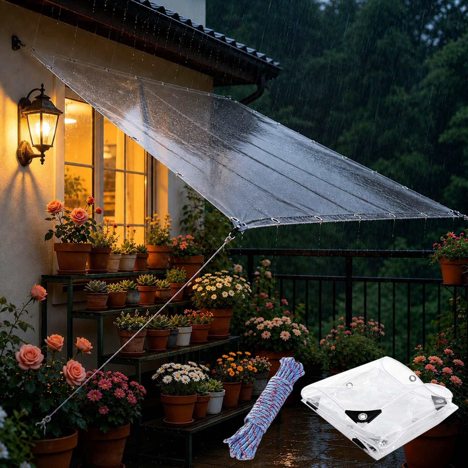 Clear Tarpaulin Heavy Duty Waterproof 230 x 305 cm 400G M², 0.39Mm Thick, Windproof, with Rope Transparent PVC Tarp Sheet, Gazebo Waterproof Cover for Plant, Balconies, colorless