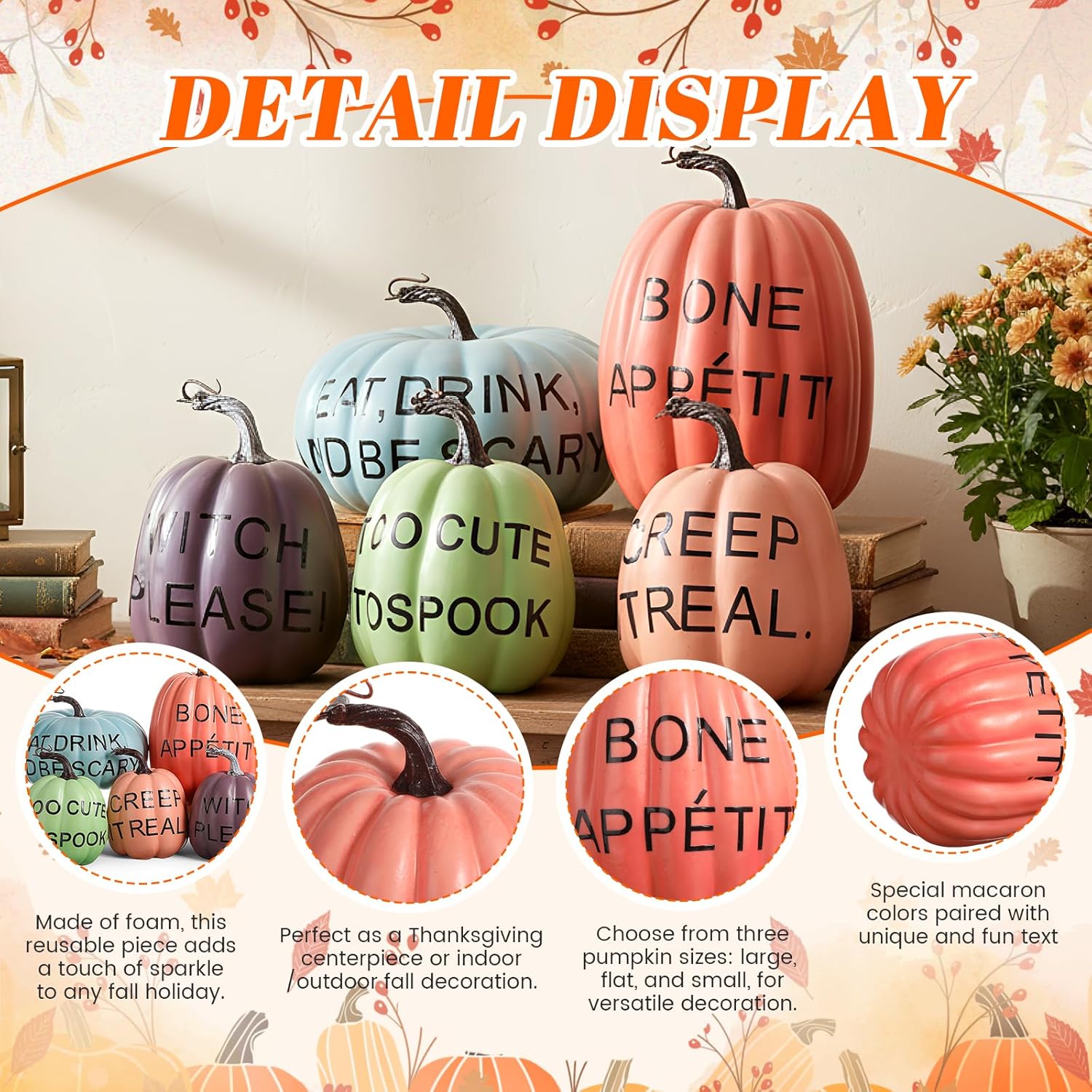 Weysat 5 Pcs Fall Decorations for Home, 4.7-7.5 Inch Large Pumpkin Centerpiece with Funny Phrases (eat Drink Be Scary!) for Halloween Thanksgiving Autumn Table Decor Indoor Outdoor Decorations