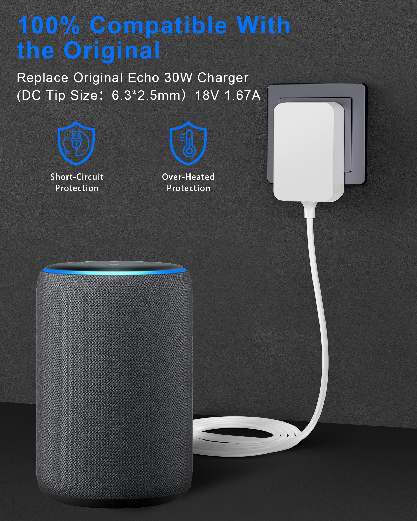 Wymienna ładowarka 30 W do Alexa Echo 3. i 4. generacji, Echo Show 8/10/15, Echo Show 2. generacji, Echo Plus 2. generacji, kabel 1,5 m, biały
