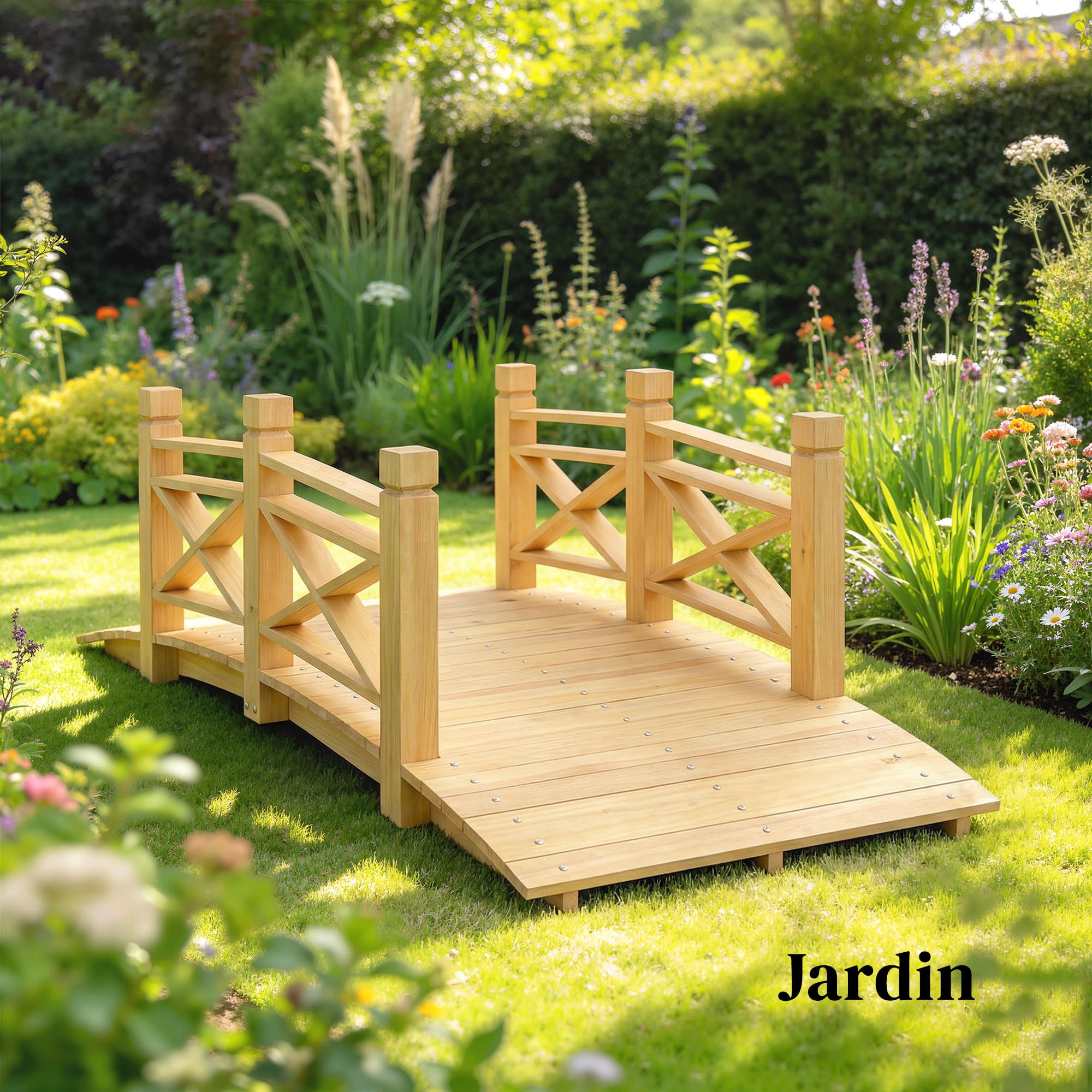 Outsunny Pont de Jardin en Bois Carbonisé Arqué 1,74m - Passerelle avec Main Courante Sécurisée et Charge 200kg - Décoration Extérieure Traitée et Résistante, Naturel