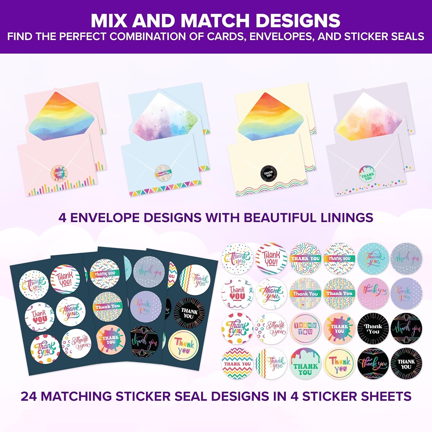 Decorably 24 Pack Foiled 6x4in Assorted Rainbow Thank You Cards with Envelopes & Stickers, 24 Unique Designs for Friends, Family & Loved Ones, Blank Inside - All Occasions, Wedding, Birthday, Gifting - Image 5
