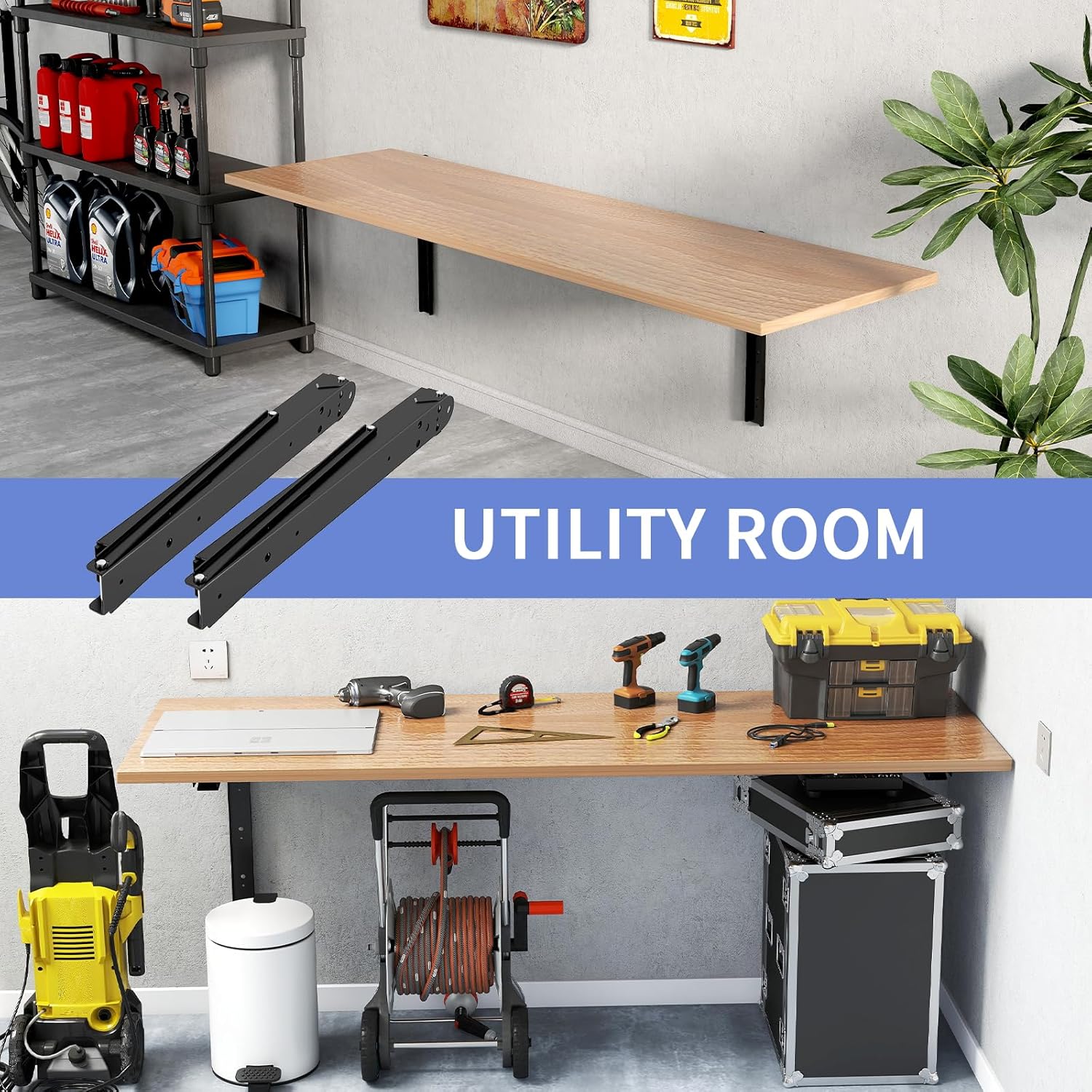 LSK 24 Inch Folding Shelf Brackets, Heavy Duty Collapsible Shelf Bracket Max Load 550LBS, Wall Mounted L Table Brackets for Garage Bench Table, Space Saving DIY Black Folding Bracket, Pack of 2