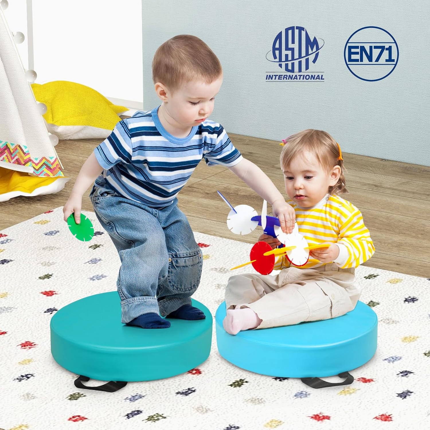 GLACER 6 Pcs 15" Floor Cushions for Kids, 3" Thick PU Waterproof Flexible Seating for Classroom Elementary w/Detachable Cover, Handle, Floor Pillow for Daycare, Preschool, Home (Square, Blue)