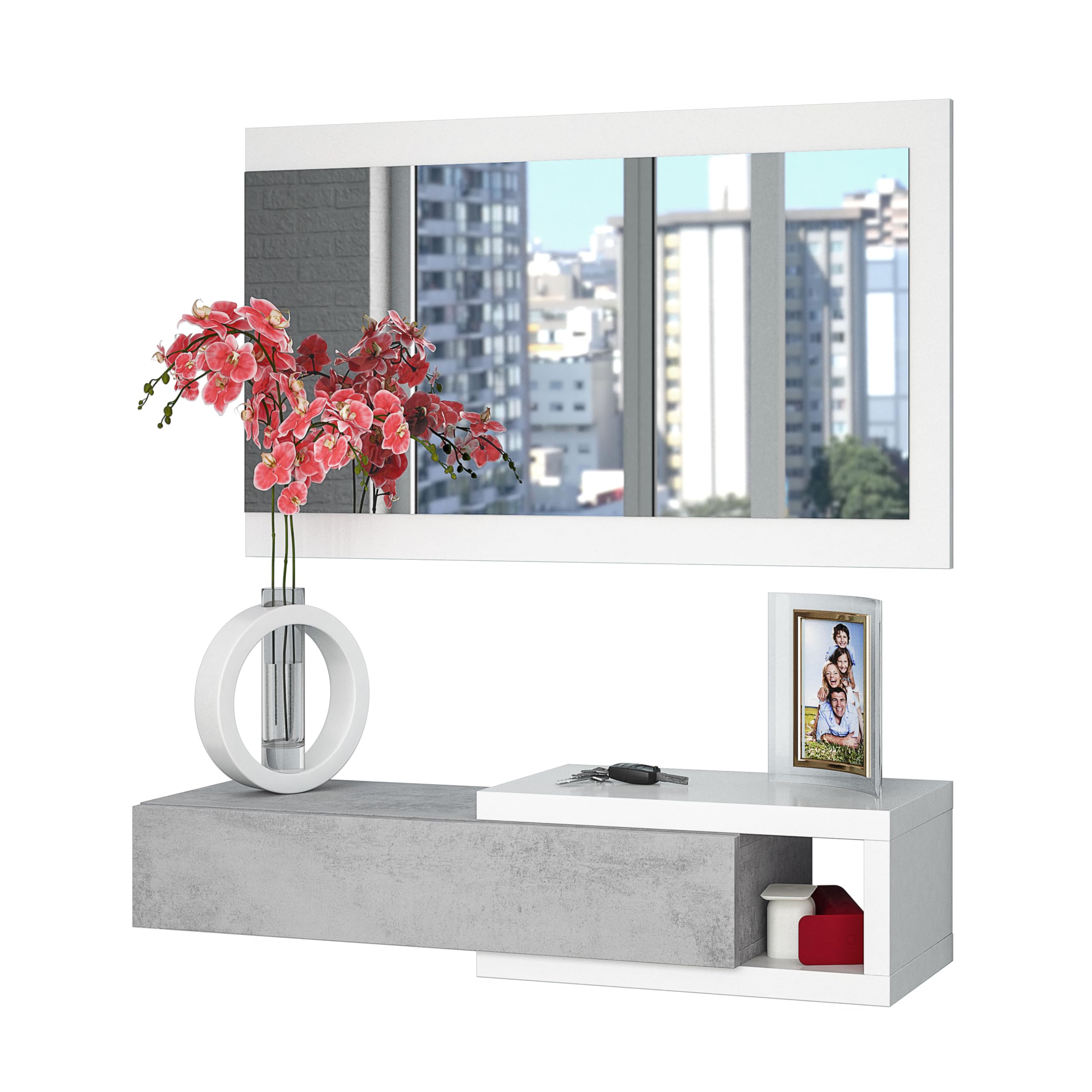Miroytengo Mueble de Entrada con Espejo Recibidor Neutre Estilo Multifuncional Color Blanco Artik y Gris Cemento 95 cm