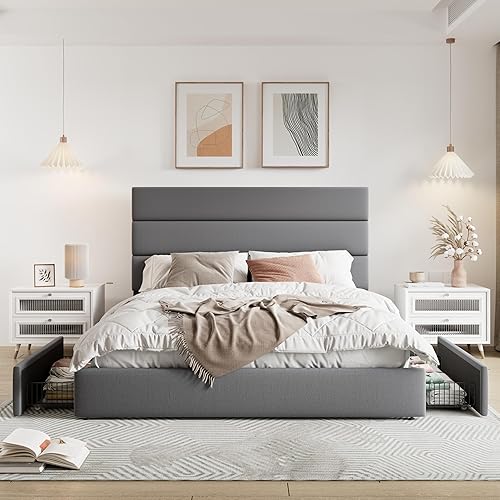 Miniatura 3 de Allewie Base de cama moderna de tamaño matrimonial con 4 cajones de almacenamiento y cabecera tapizada de terciopelo, soporte de listones de madera,