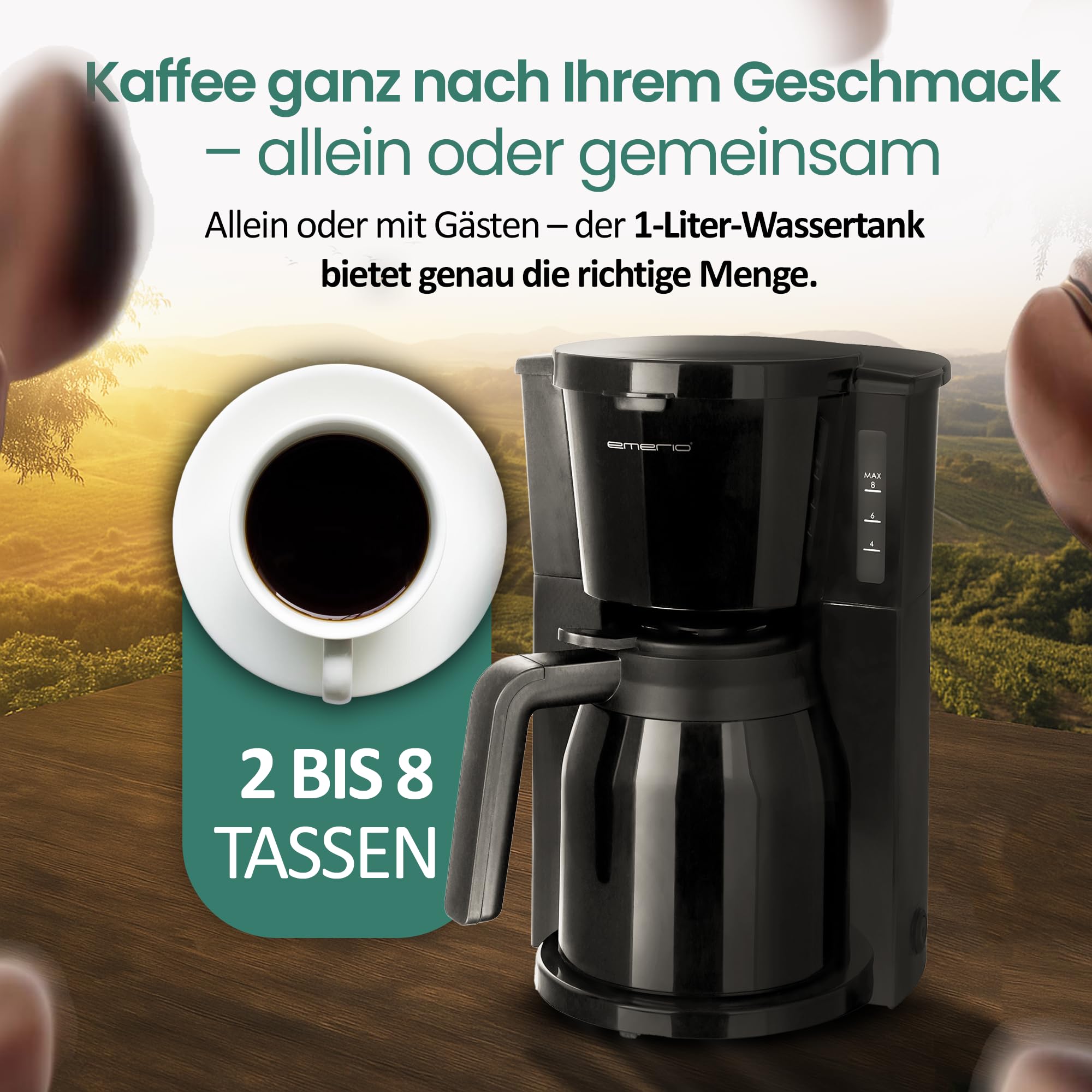 Emerio Cafetera de filtro con 2 jarras térmicas, 900W, hasta 8 tazas en una sola pasada, filtro giratorio 1x4 con sistema antigoteo, incluye filtro permanente, apagado automático, piezas de plástico