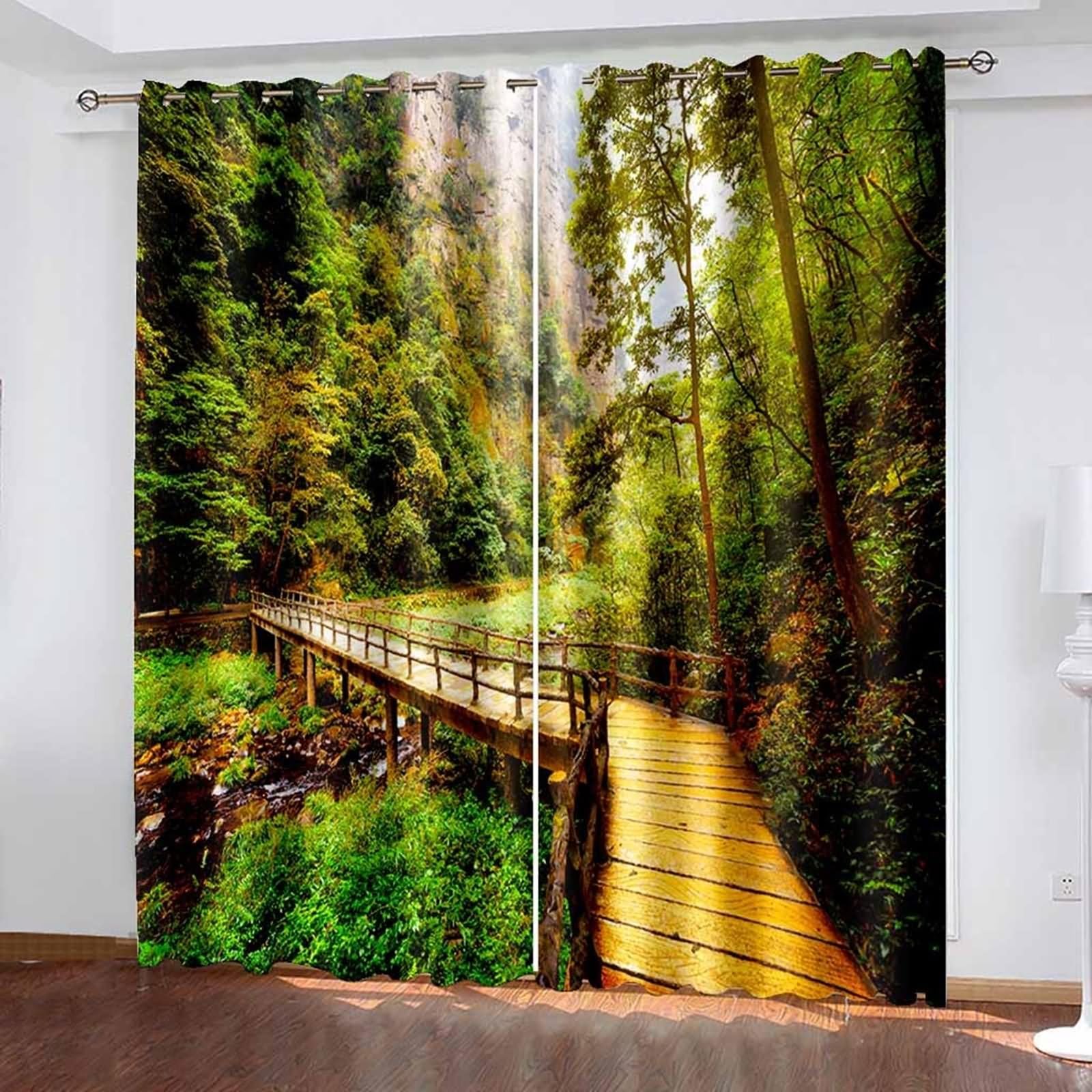 Zielone zasłony kuchenne, zasłony zaciemniające okno górska dolina krajobraz poliester zestaw 2 szt. 204 x 160 cm