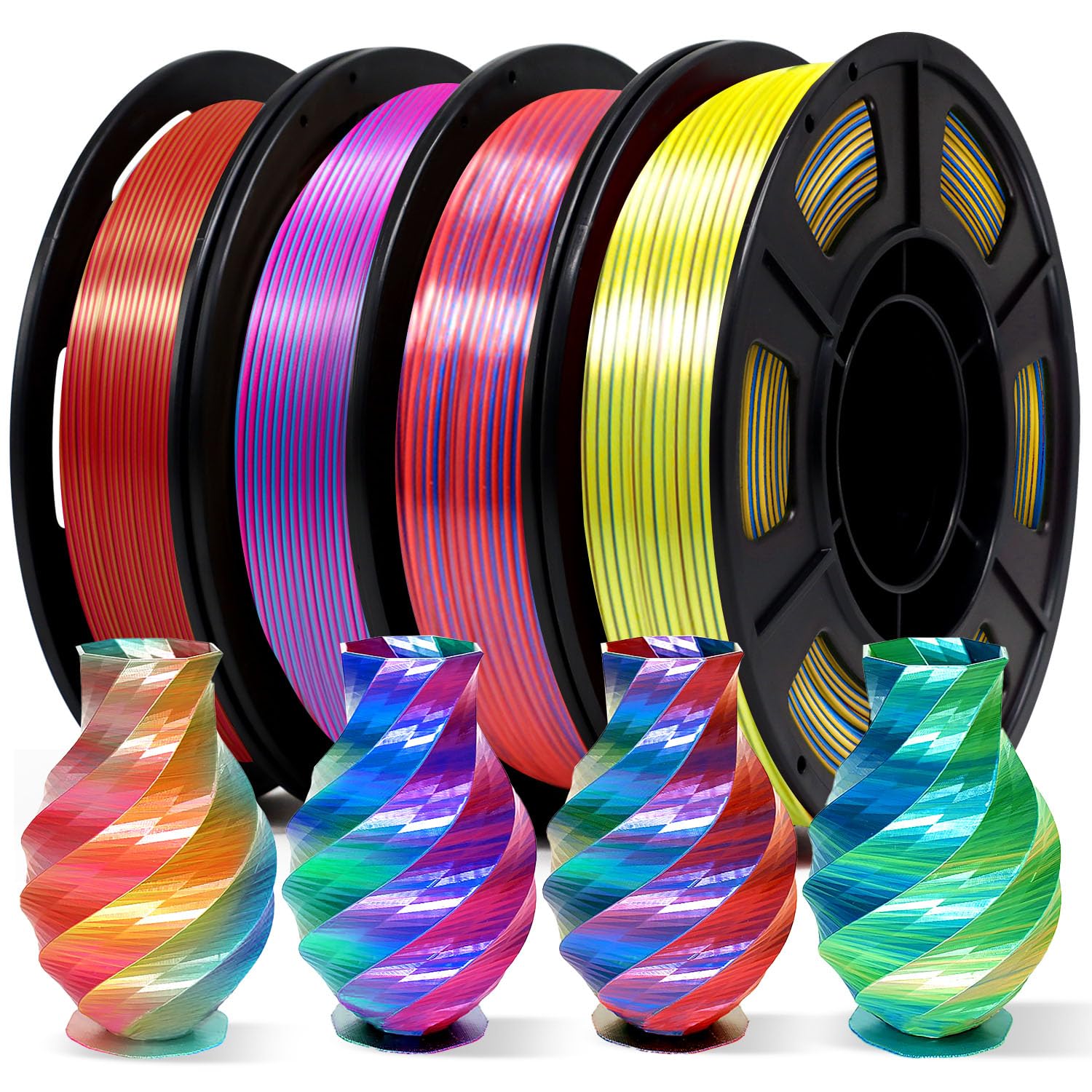 YOUSU Trójkolorowy filament PLA 1,75 mm, jedwabny filament do drukarki 3D, 4 x 250 g, wielokolorowy zestaw szpul (4 sztuki)