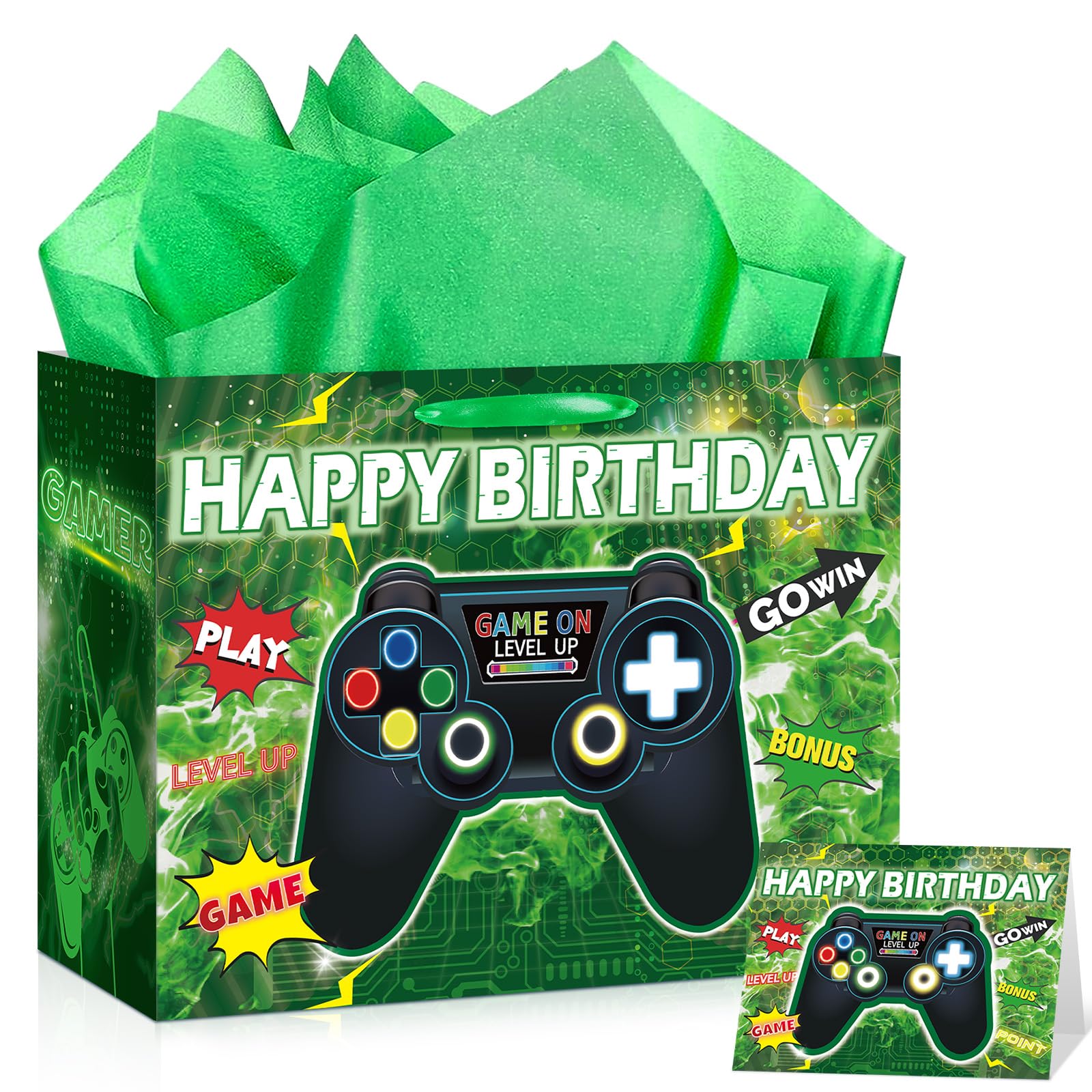 LUUFILx Video Game Theme Happy Birthday Gift Bags Green Gamer Wrapping Bag Swith Handle Gaming Goody Bag with Tissue Paper Greeting Card for Boys