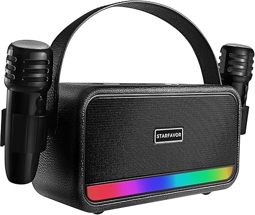 Starfavor Máquina de karaoke KM-20, altavoz de karaoke Bluetooth con 2 micrófonos inalámbricos, 5 luces LED, juego de karaoke portátil compatible