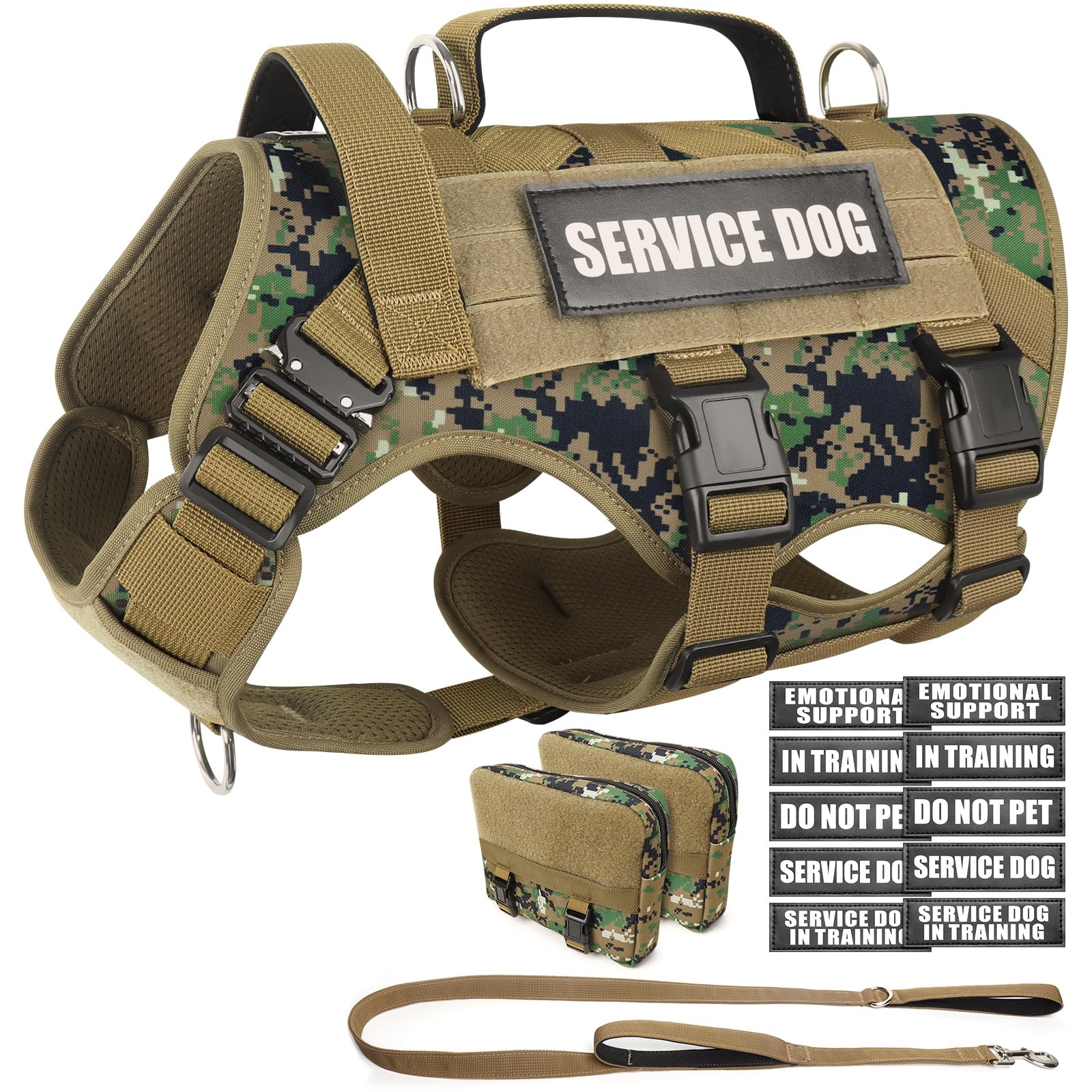WINSEE Tactical Dog Harness with Dog Leash, Service Working MOLLE Vest with 10 Pet Patches for Dog, No Pull Military Harness and Backpack for Training