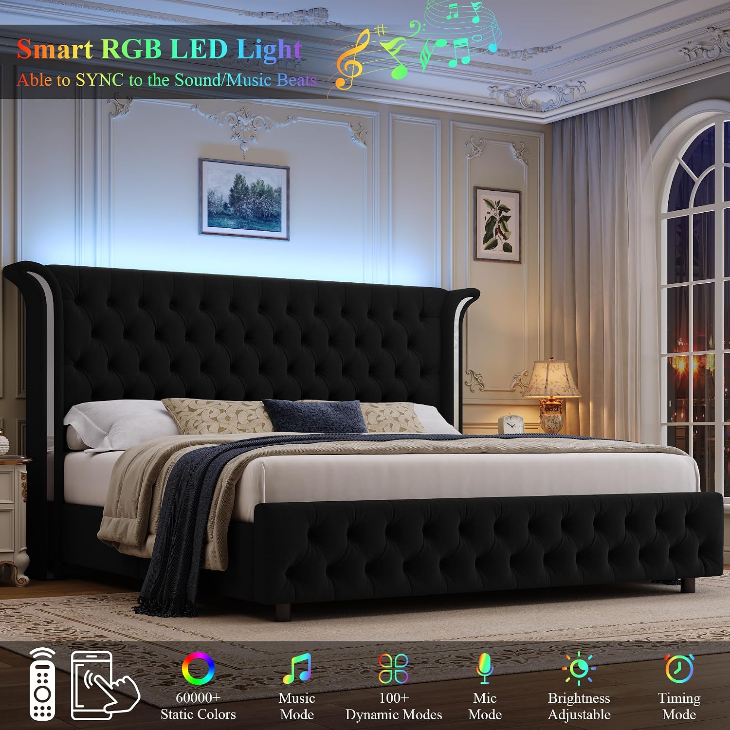 Keyluv bed frame with LED lights illuminating the headboard
