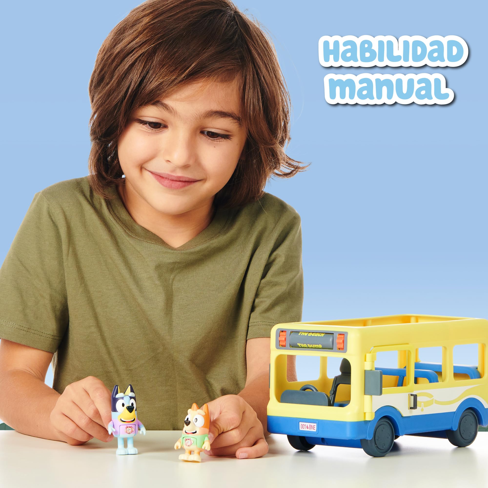 Bluey - School Bus, autobús para el Cole 2 Figuras con Bingo Personajes de la Serie de Dibujos inantil, Cartel con Destino de Ruta Giratorio, niños y niñas + 3 años, Famosa (BLY39010)