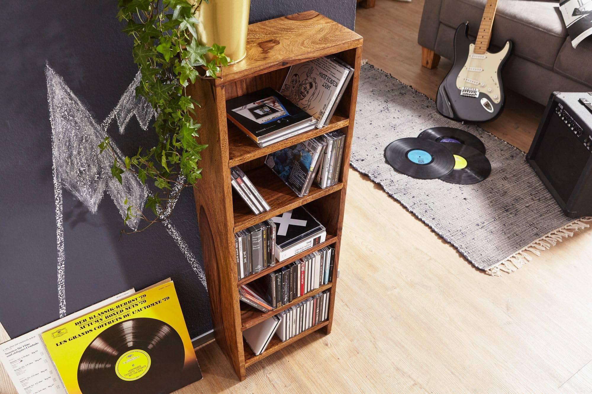 FineBuy Porta CD 30x17x90 cm Legno Massello di Sheesham con 5 Scomparti | scaffale per la collezione musicale, libreria stretta in stile country, scaffale in legno fatto a mano, pezzo unico