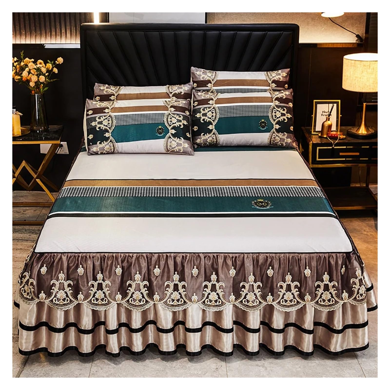 Lace Smooth Cool Summer Bedspread Thick Home Bed Skirt + Pillowcase Bed Sheets Embroidery Bed Spreads(Color-02,180x200cm 3pcs)