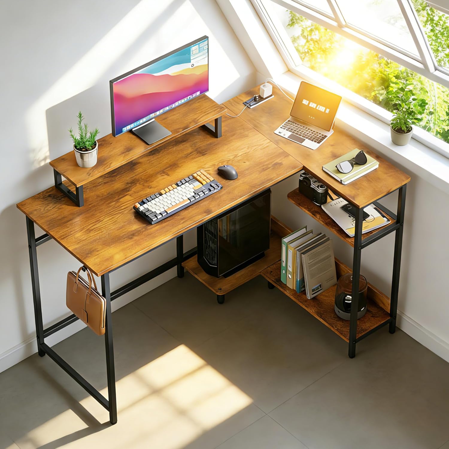 DEVAISE 43 Inch L Shaped Gaming Desk with LED Lights & Power Outlets, Corner Desk for Small Spaces, Sturdy PC Computer Table with Storage for Home Office, Rustic Brown