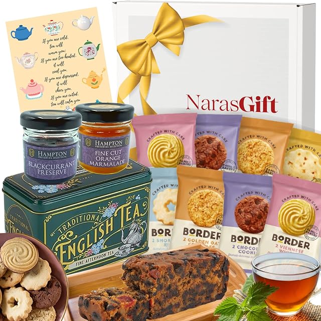 Biscuits Gift Set and Afternoon Tea Hamper - 40 English Tea Bags in Vintage Tin, 8 x 2 Pack Border Biscuits, 400g Fruit Cake - Food Hamper for Couples, Birthday Hampers for Women, Care Package for Him