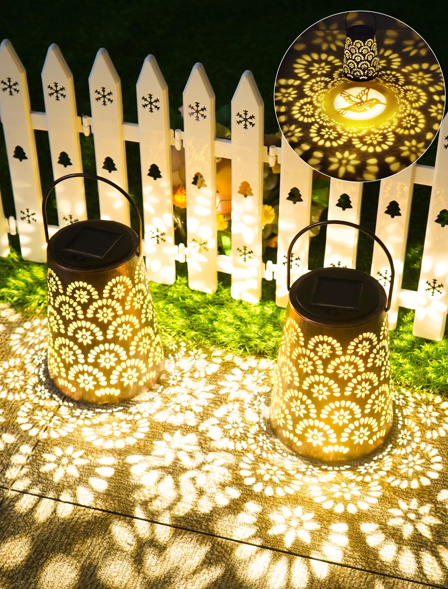 OUILA Solar Lights for Outdoors, Pack of 2, Weatherproof Metal Garden Light with IP65 Protection, Decorative Hanging Solar Lighting for Balcony, Patio, Yard, Tree & Camping