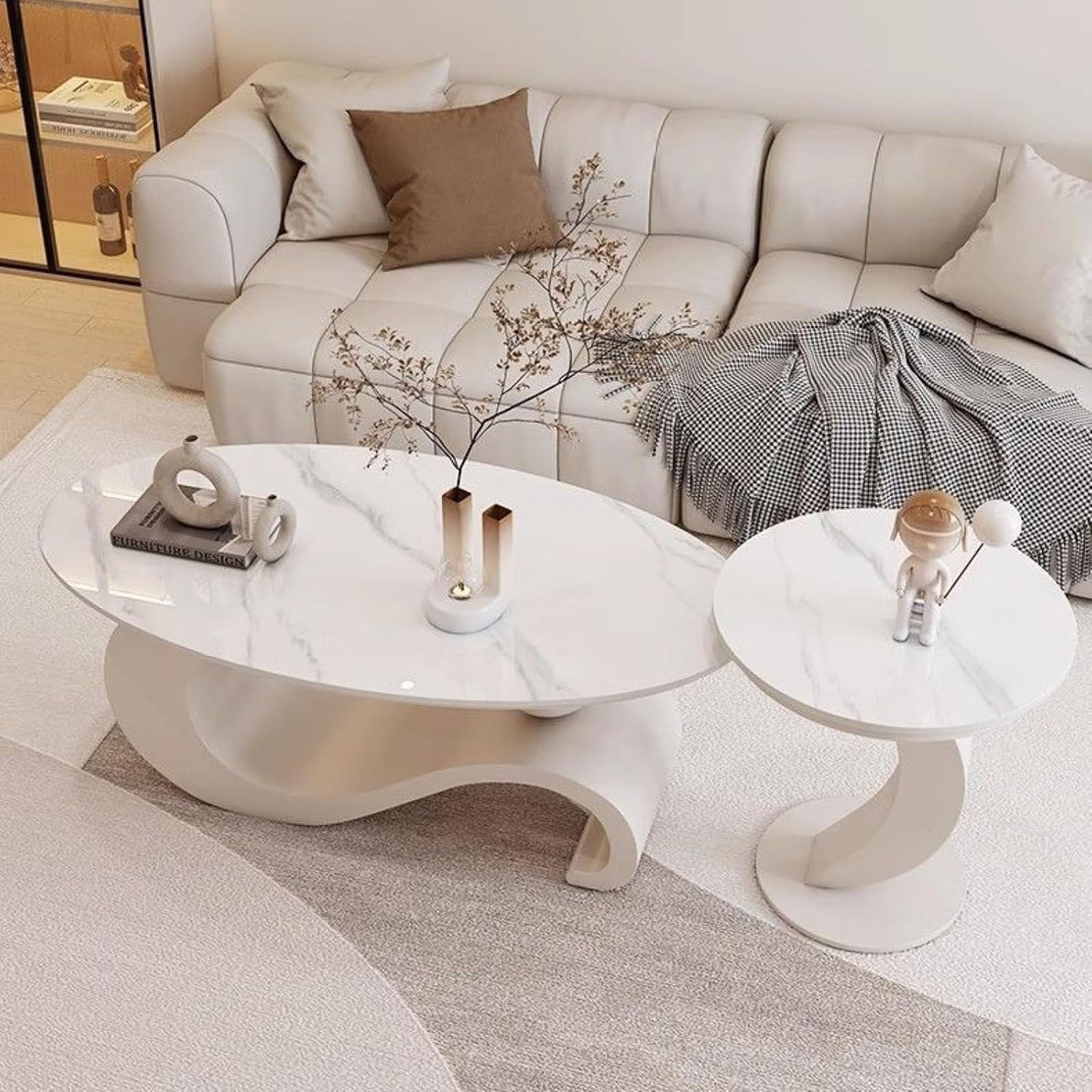 Luksusowy stolik kawowy, owalny marmurowy blat ze złotym metalowym uchwytem, nowoczesny design, elegancki styl, łatwy do czyszczenia, stół środkowy 100 cm do salonu