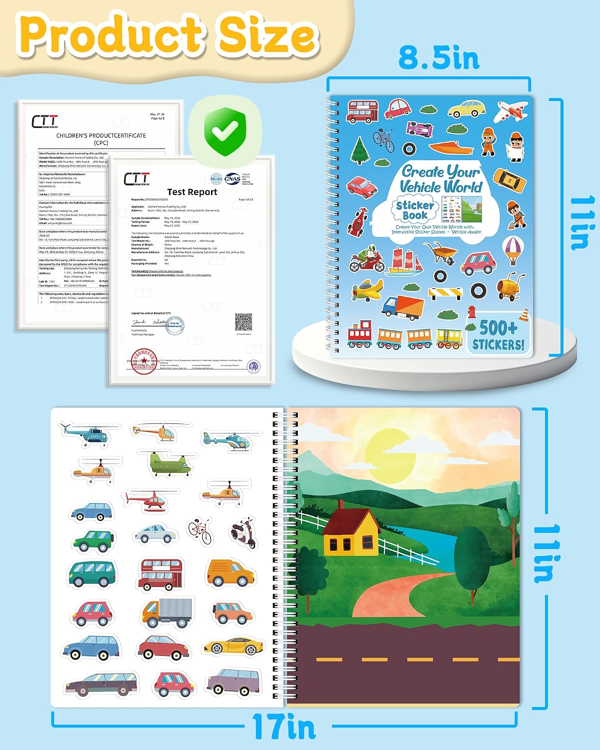 Zartores 500+ Sticker Book for Kids, Coloring & Activity Sticker Book, Toddler Airplane Travel Toys Gifts, Road Trip Essentials, Screen Free Quiet Games, 12 Coloring Pages 12 Scenes - Vehicle