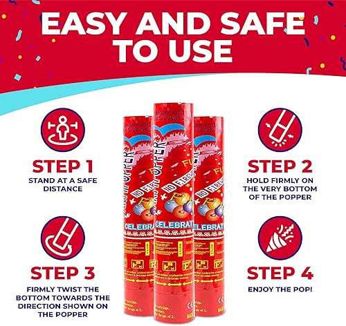 Miniatura 3 de Toysery Paquete de 12 cañones de confeti, multicolor comprimido de 12 pulgadas, para cumpleaños, bodas, fiestas en interiores o exteriores,