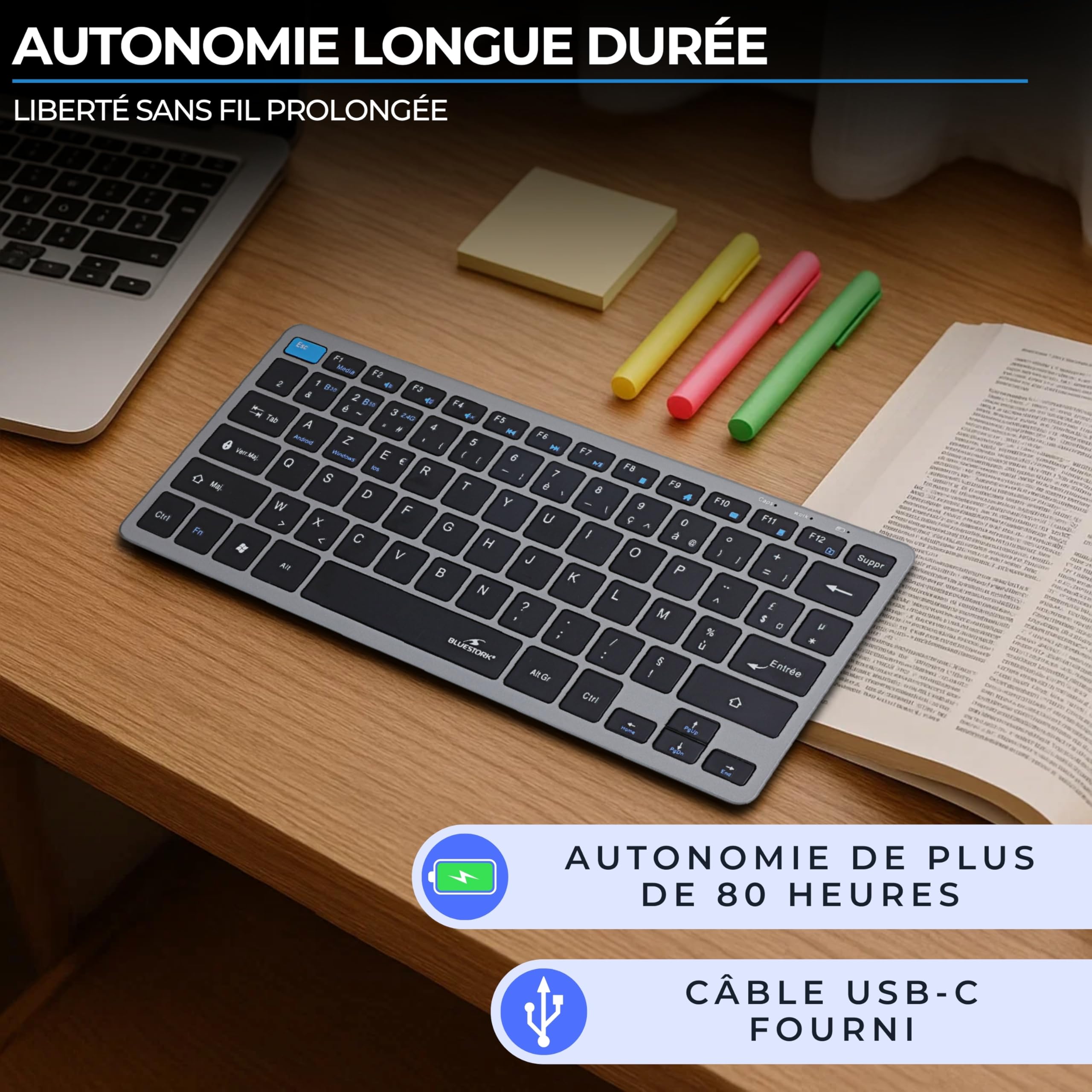 Bluestork Pack Mini V2 - Clavier & Souris sans Fil Rechargeable | AZERTY FR, Sans Fil Double Connexion 2.4GHz & Bluetooth, Clavier Compact + Souris 1600 DPI, 80H Autonomie