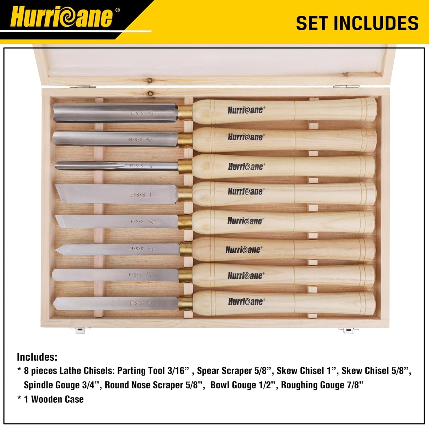 hurricane 8pc wood lathe chisel set with wooden box, hss wood turning tools for woodworking, for precision cutting and smooth, detailed projects