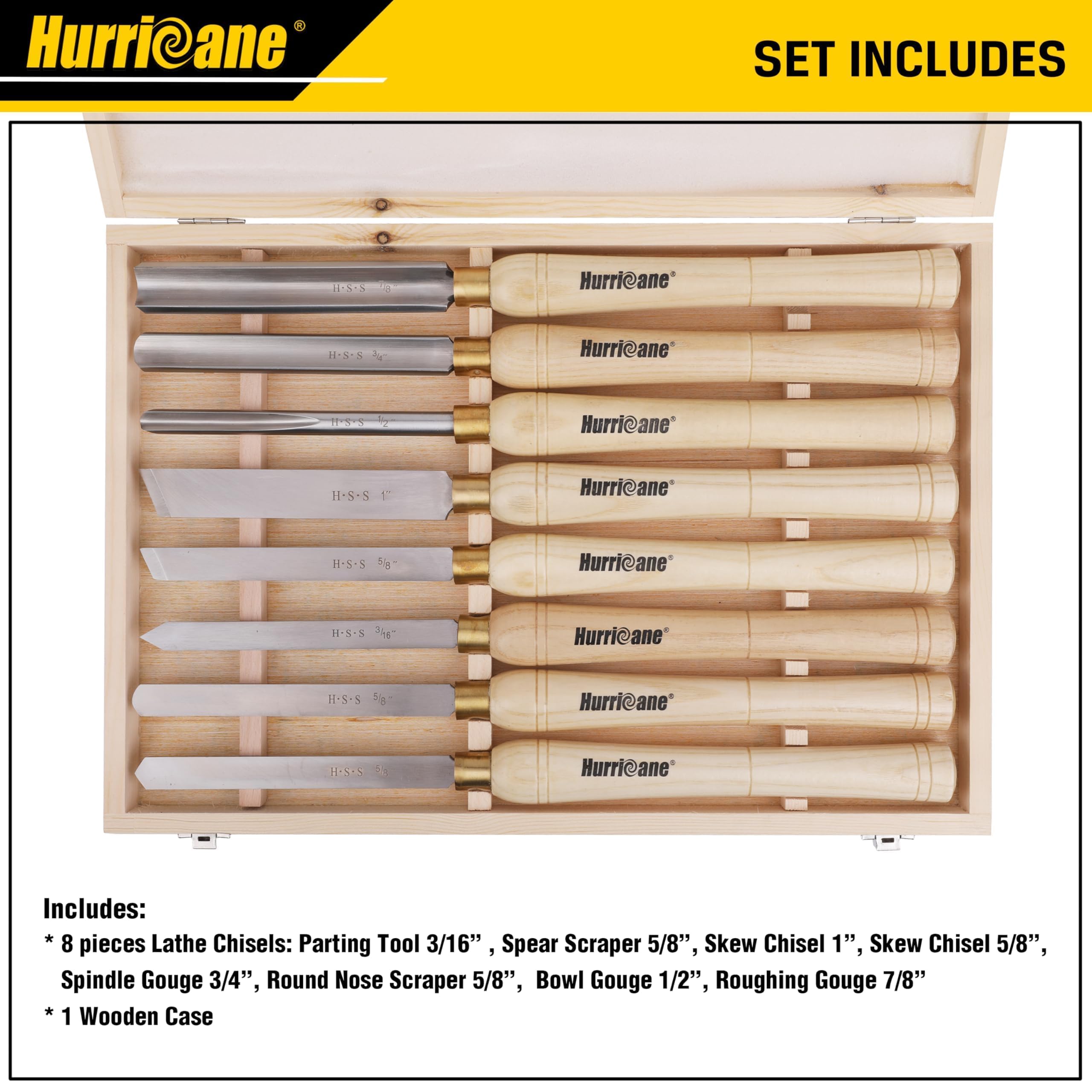 HURRICANE Juego de cinceles para torno de madera, 8 piezas HSS herramientas de torneado de torno de madera, herramientas de torno para carpintería con caja de madera