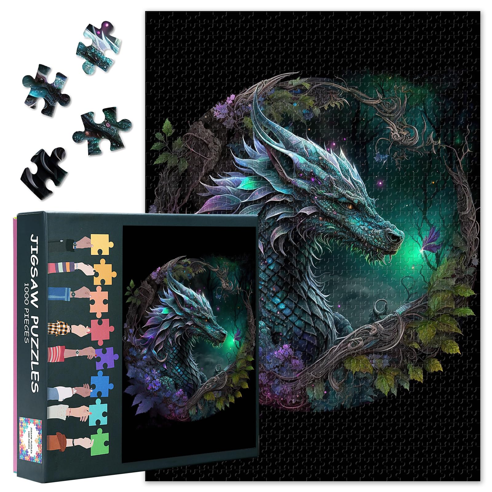 Dragon Jigsaw Puzzles, Colorful Dragon with Flowers Puzzle for Adults 1000 Pieces