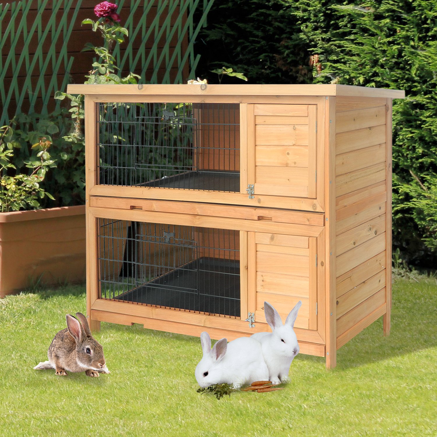 PawHut Conejera Madera de Exterior Jaula para Conejo 2 Niveles Bandeja Extraíble Estructura de Malla Metálica Puertas con Pestillos Resistente al Agua 136.4x50x93 cm