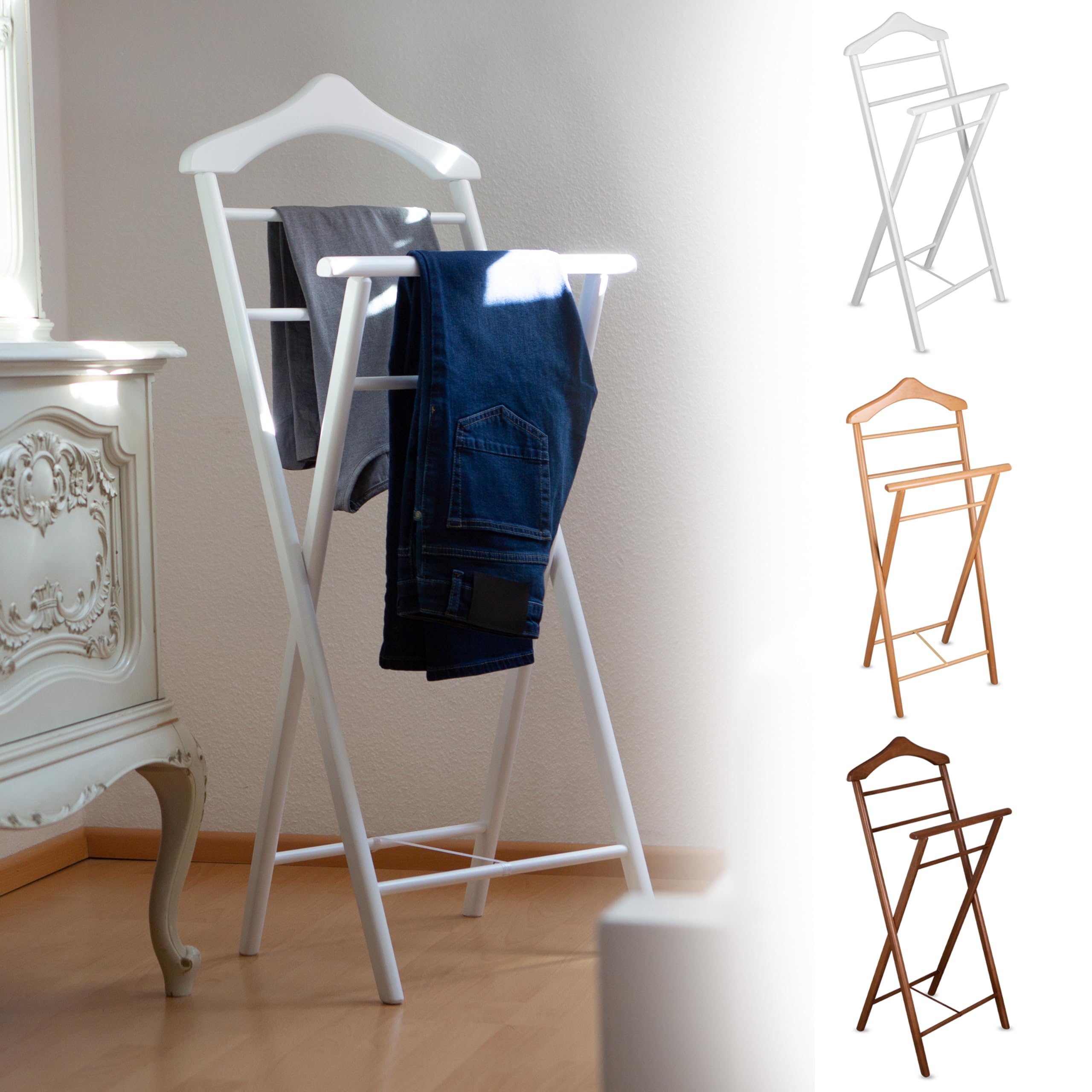 Herrendiener aus Massivholz – 2er Set fertig montierter Kleiderbutler & Stummer Diener – stabiler Stiller Diener für Schlafzimmer, Ankleide, Garderobe & Bad I Kleiderablage (Weiß)