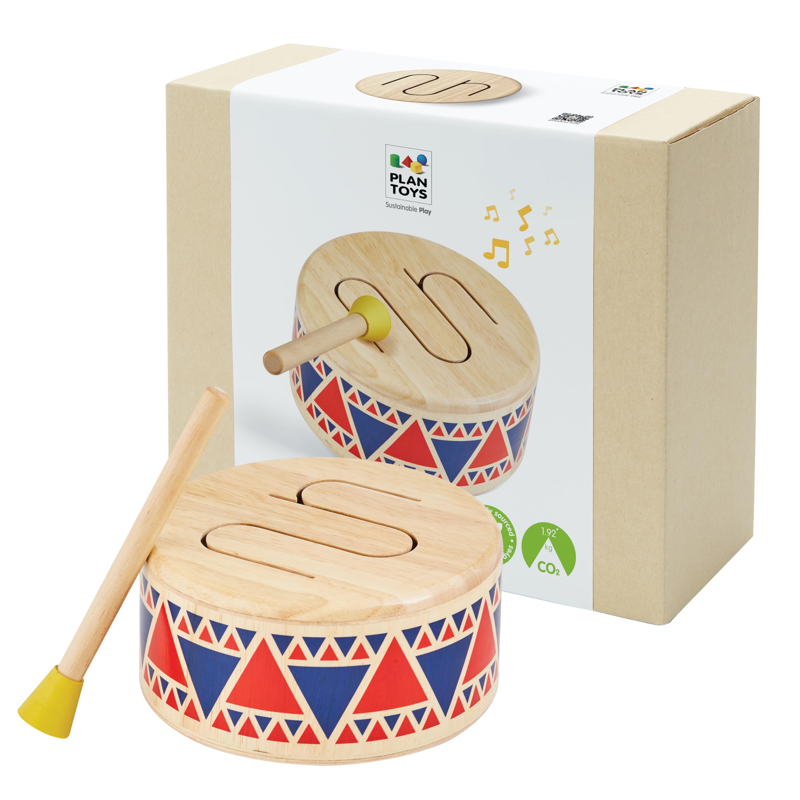 PlanToys® Solid Drum Wooden Musical Toy for Toddlers | Pretend Play Instrument for Kids | Eco-Friendly Percussion Toy for Coordination, Creativity & Early Learning Development