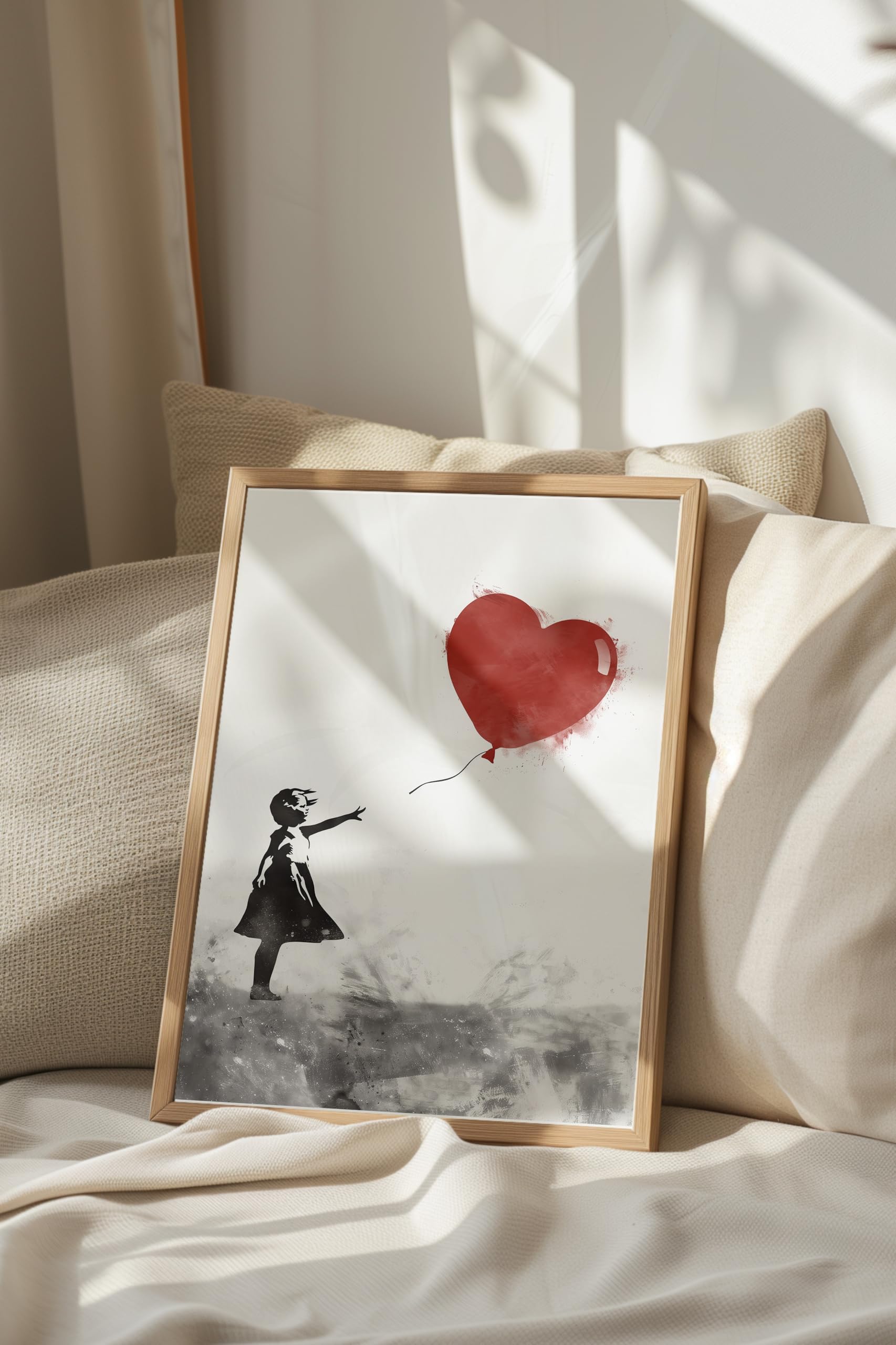 Zestia Ahşap Çerçeveli Tablo, Kırmızı Balonlu Kız, Banksy Tarzı Poster No: 106452 30 x 40