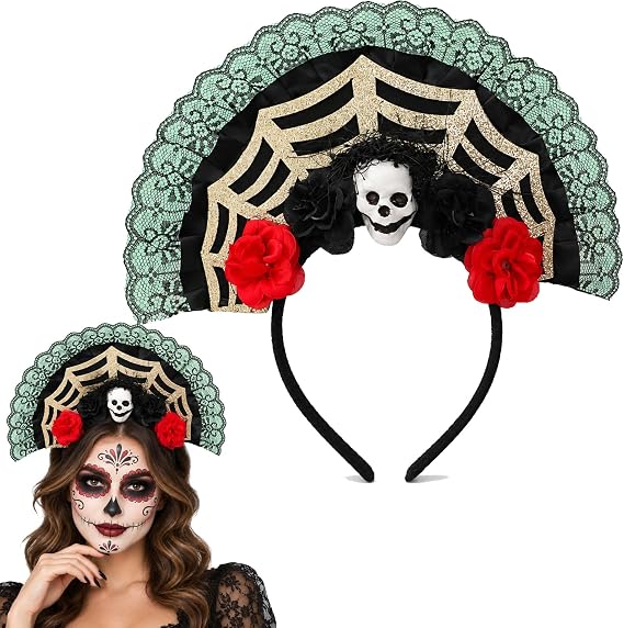 Halloween Sugar Skull Headband with Red Roses