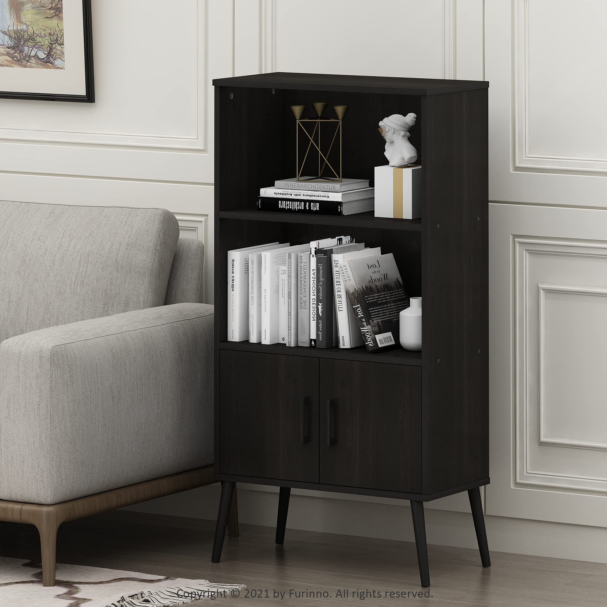 Furinno Claude Mid Century Style Accent Cabinet with Wood Legs, Espresso