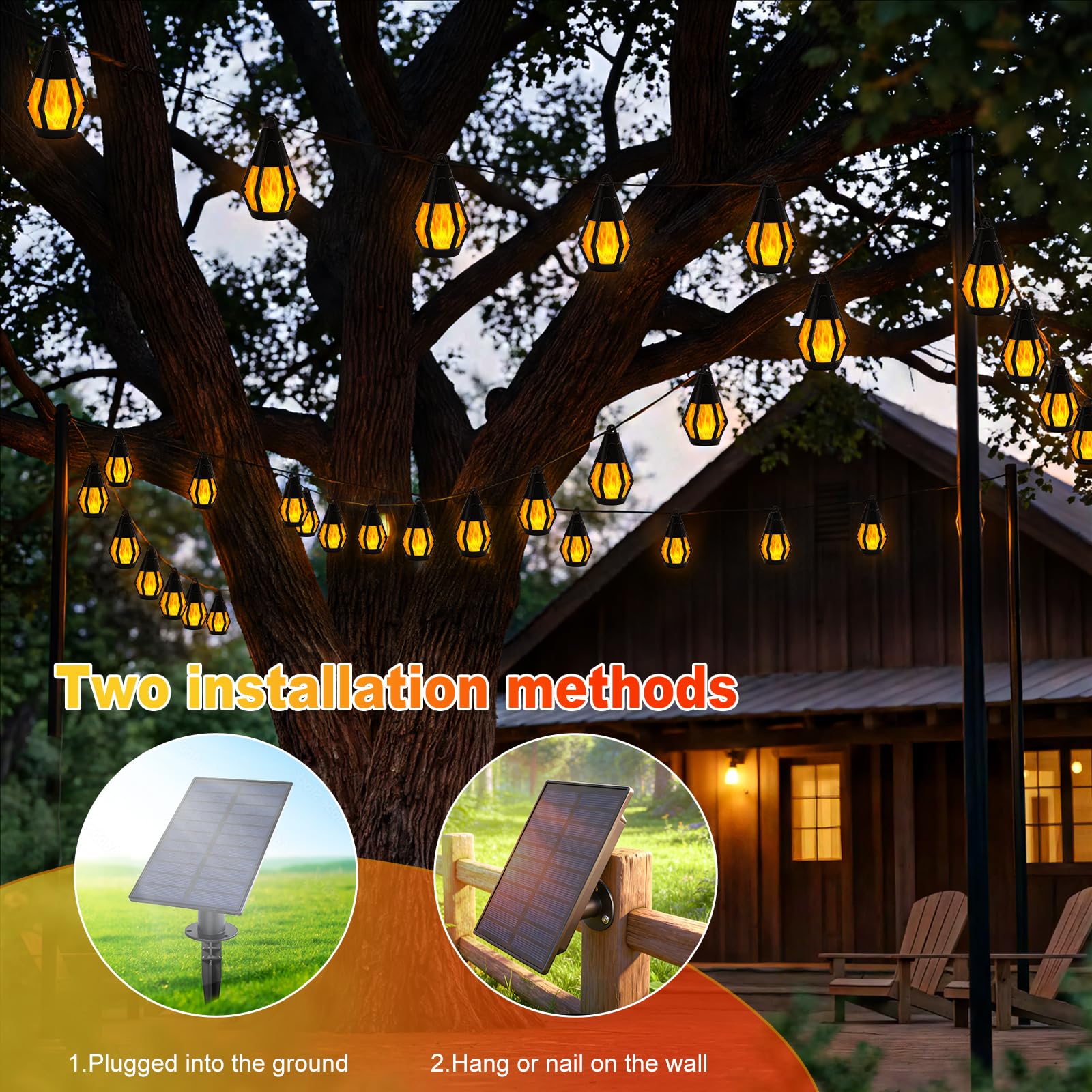Solar-Lichterkette für den Außenbereich, 15 LEDs, warmweiße Flamme, 15 m | Wasserdichte Solar-Lichterkette für den Außenbereich, Baum, Halloween, Terrasse, Garten, Veranda, Party-Dekorationen