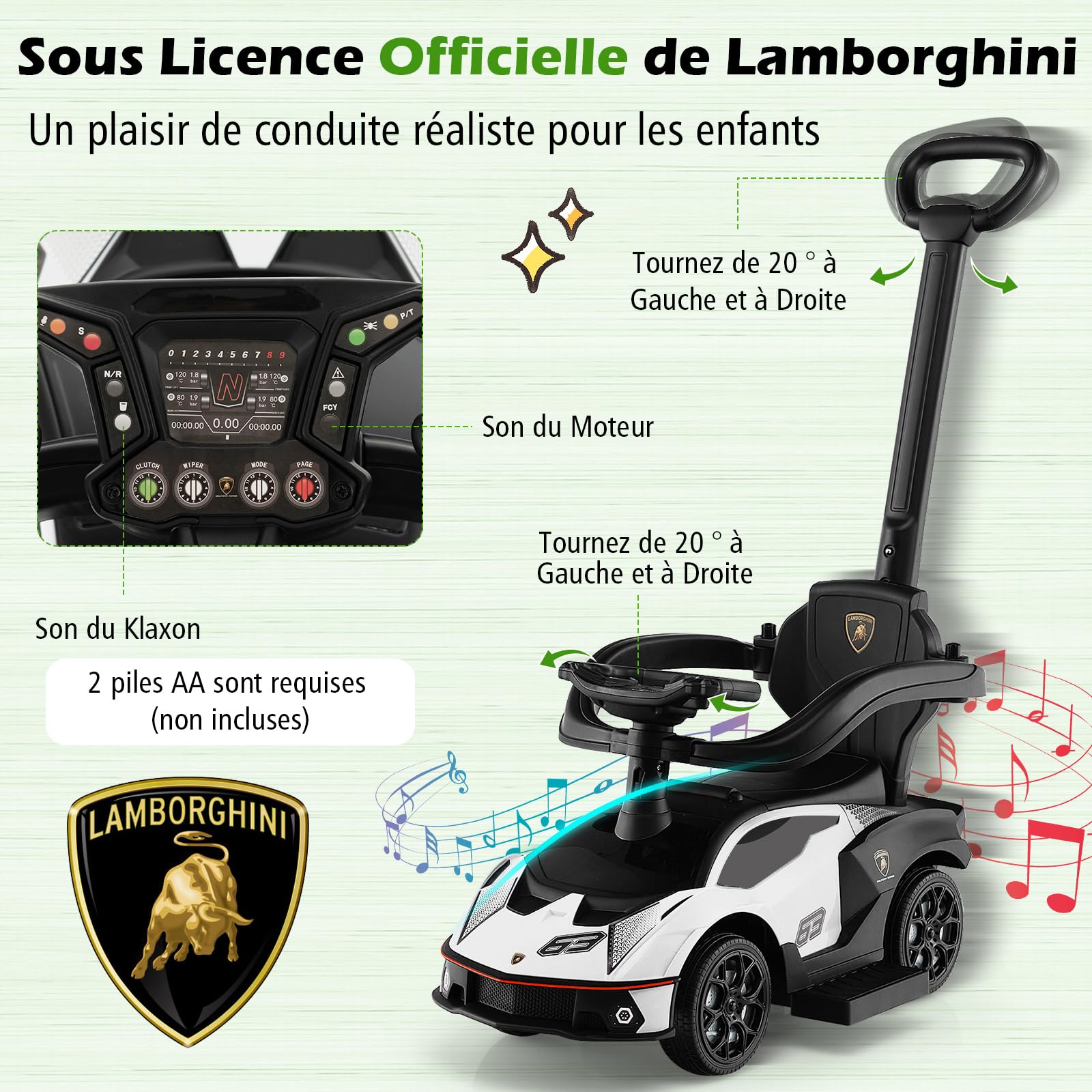 COSTWAY 3 en 1 Lamborghini Porteur Enfant avec Poignée Détachable, Voiture à Pousser Bébé avec Volant & Klaxon, Espace Caché & Repose-Pieds, Charge 25kg pour Enfants de 18-36 Mois