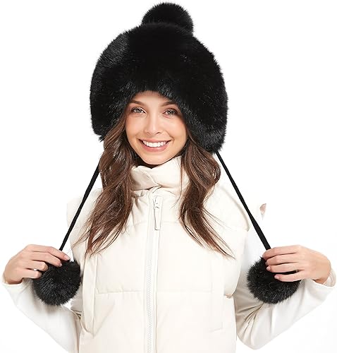 Sombreros de invierno, lindo sombrero de piel rusa de ganchillo, gorros holgados con pompón, gorro de nieve cálido y mullido, sombrero de trampero